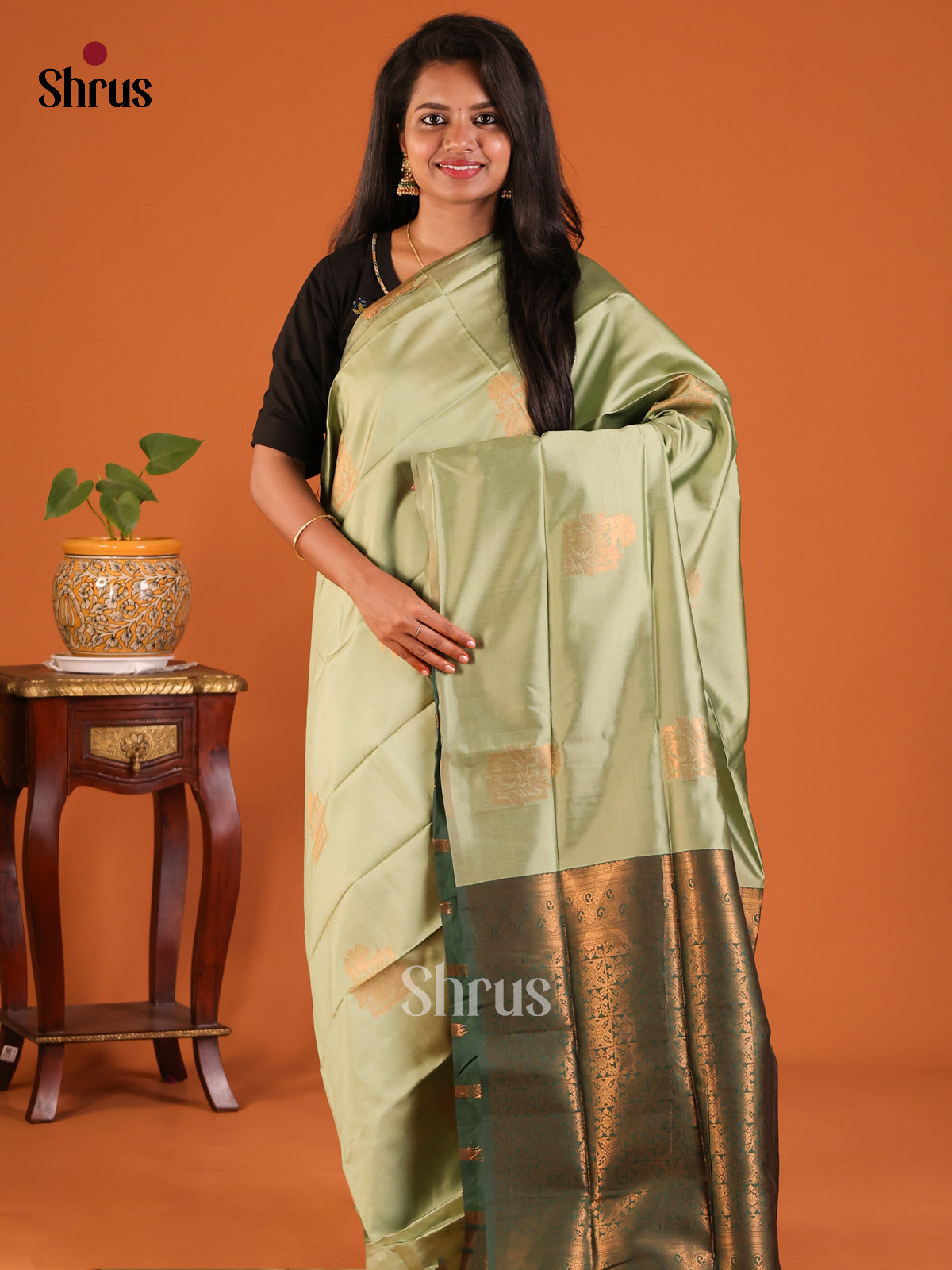 Pastel Green with Green - Semisoft silk Saree - Shop on Shrus.com