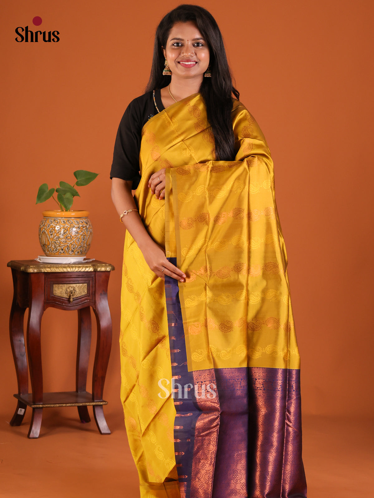 Mustardy Green with Blue - Semisoft silk Saree - Shop on Shrus.com