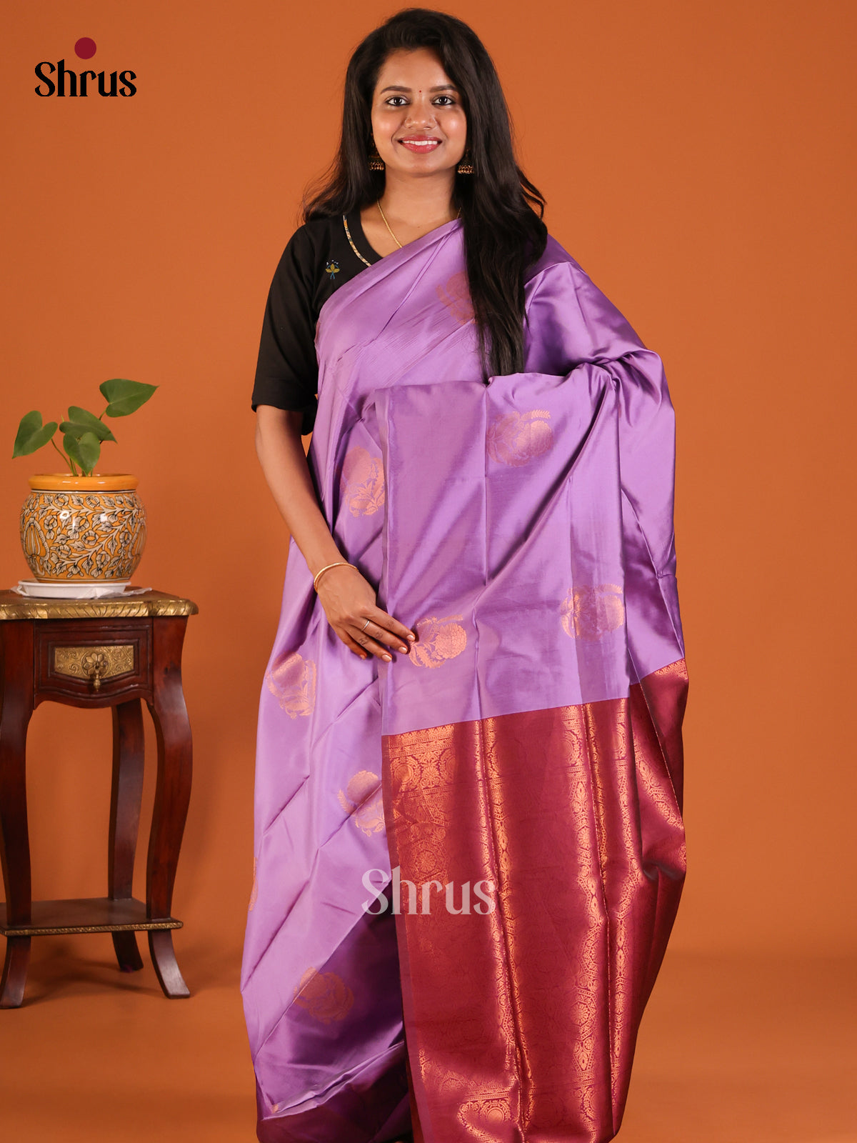Lavender with Maroon - Semisoft silk Saree - Shop on Shrus.com