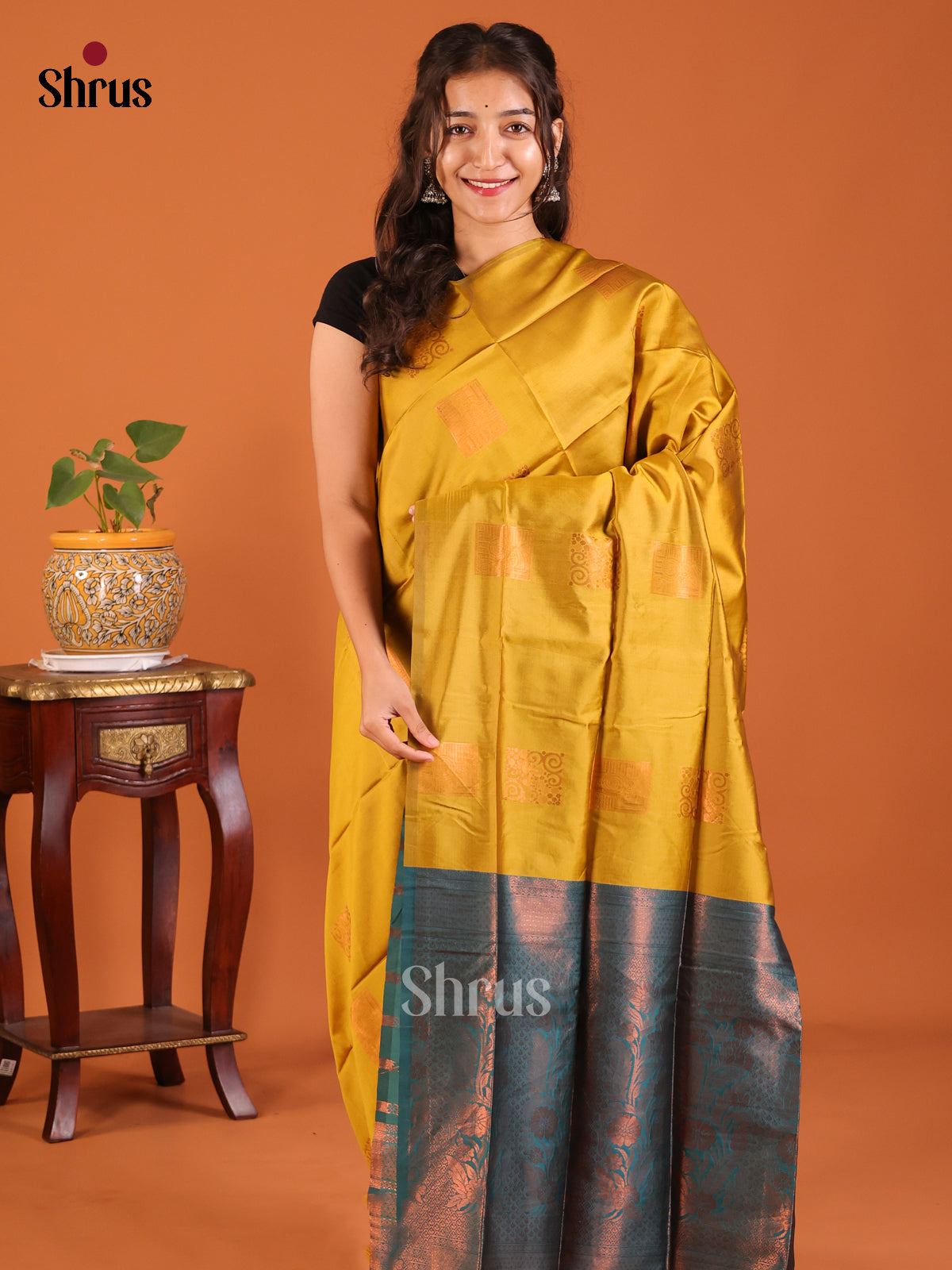 Mustardy Green with Green - Semisoft silk Saree - Shop on Shrus.com