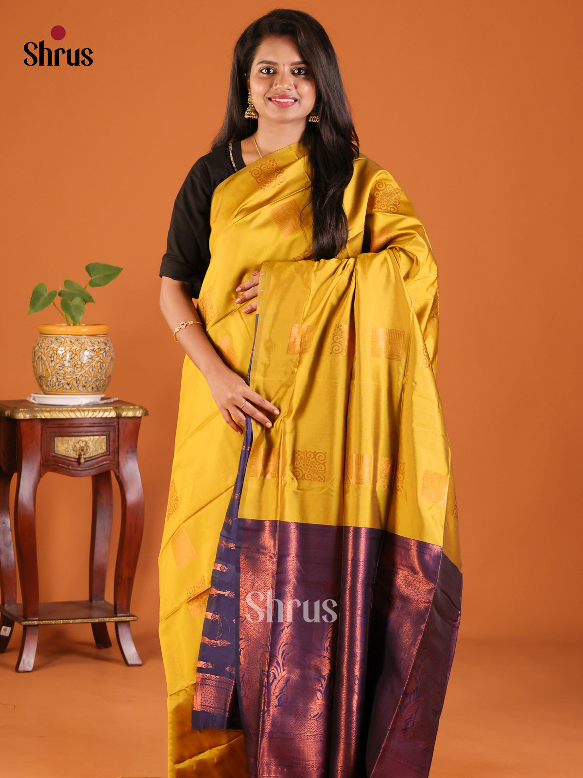 Mustardy Green with Blue - Semisoft silk Saree - Shop on Shrus.com