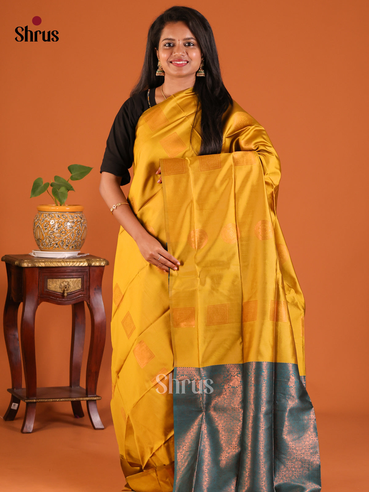 Mustardy Green with Blue - Semisoft silk Saree - Shop on Shrus.com