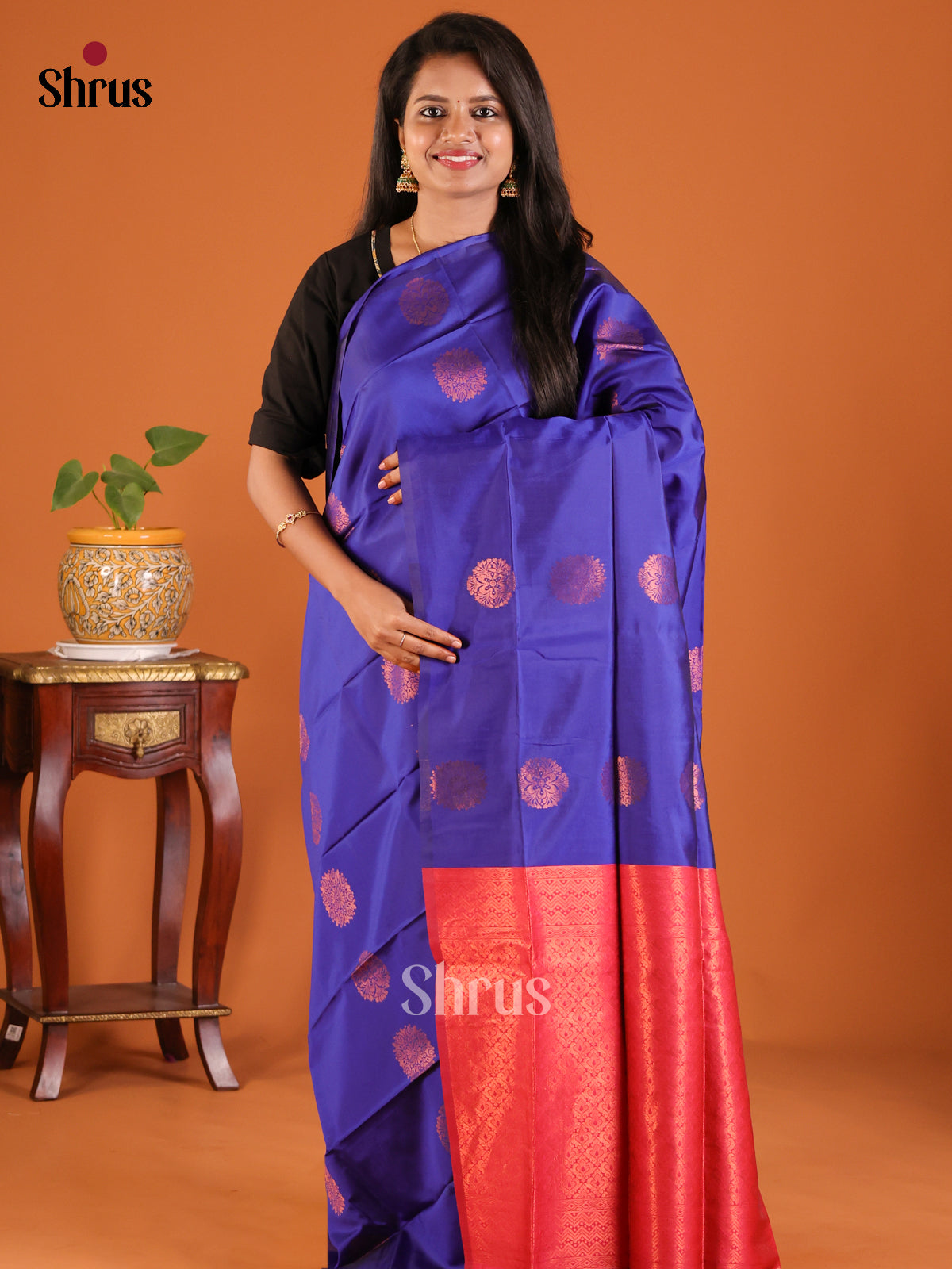 Blue with Maroon - Semisoft silk Saree - Shop on Shrus.com