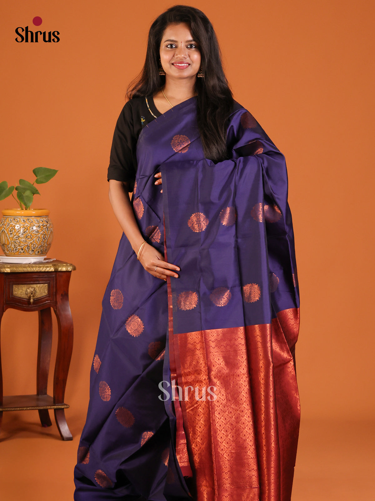 Blue with Maroon - Semisoft silk Saree - Shop on Shrus.com