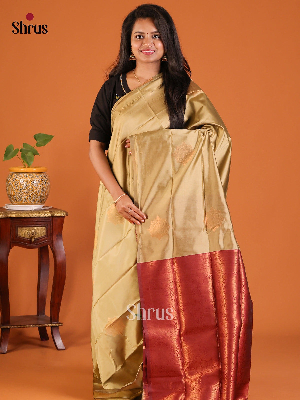 Dull gold with Maroon- Semisoft silk Saree - Shop on Shrus.com