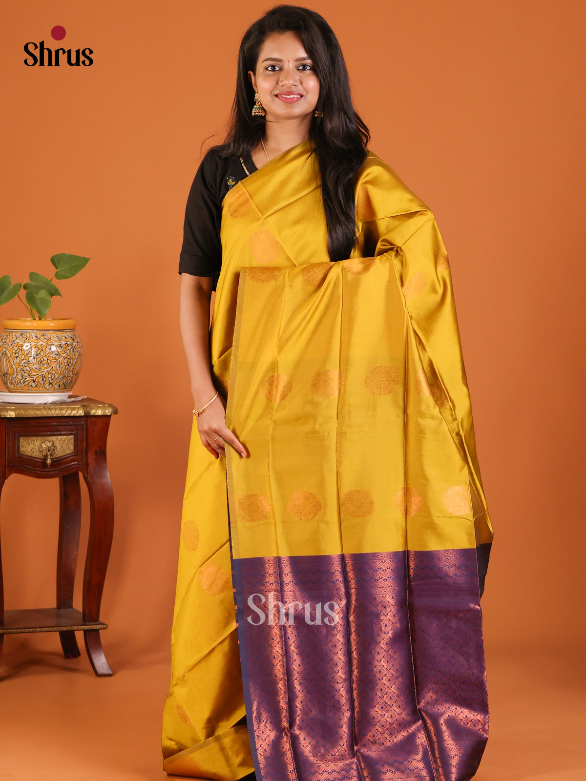 Mustardy Green with Blue - Semisoft silk Saree - Shop on Shrus.com