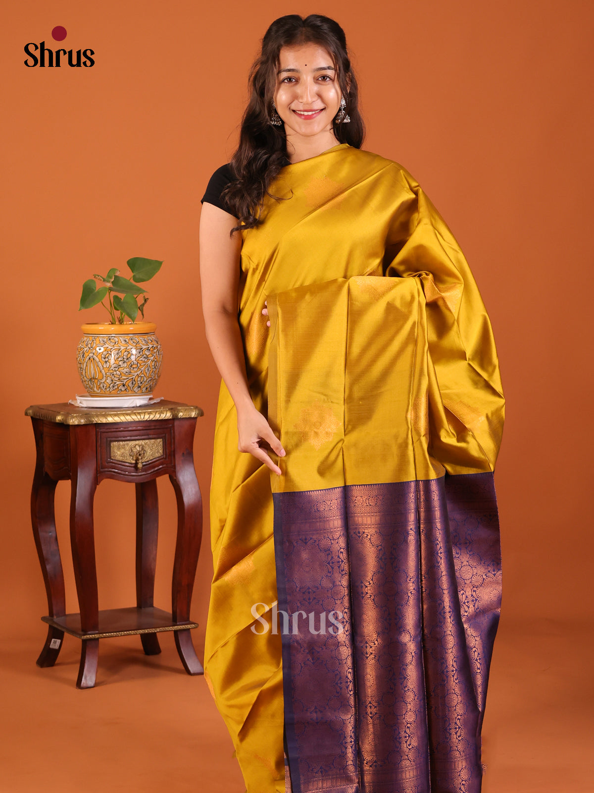 Mustardy Green with Blue - Semisoft silk Saree - Shop on Shrus.com