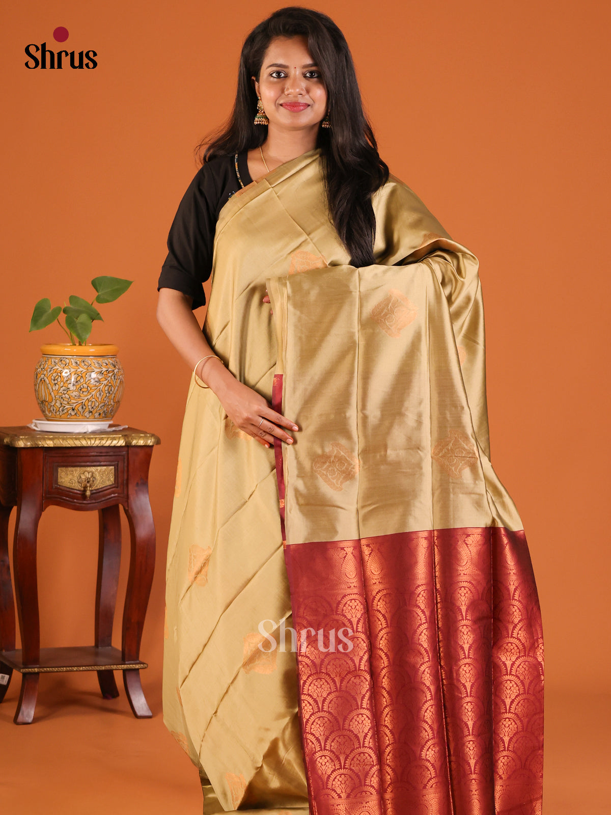 Dull Gold with Maroon- Semisoft silk Saree - Shop on Shrus.com