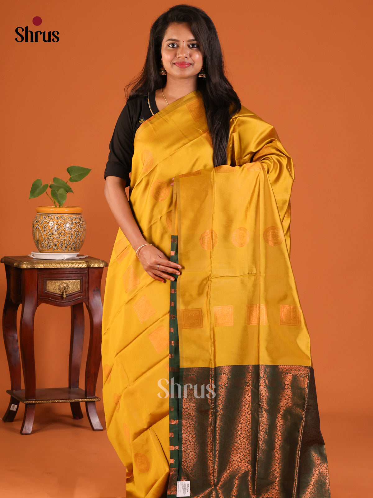 Mustardy Green with Green - Semisoft silk Saree - Shop on Shrus.com