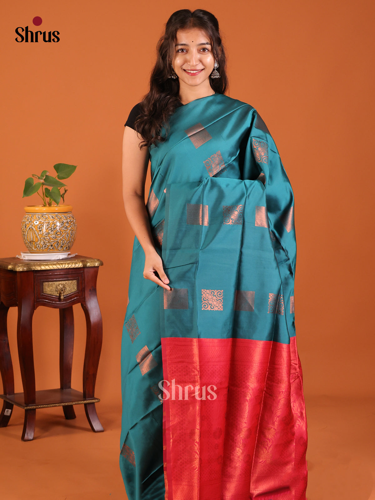 Peacock Blue with Maroon - Semisoft silk Saree - Shop on Shrus.com