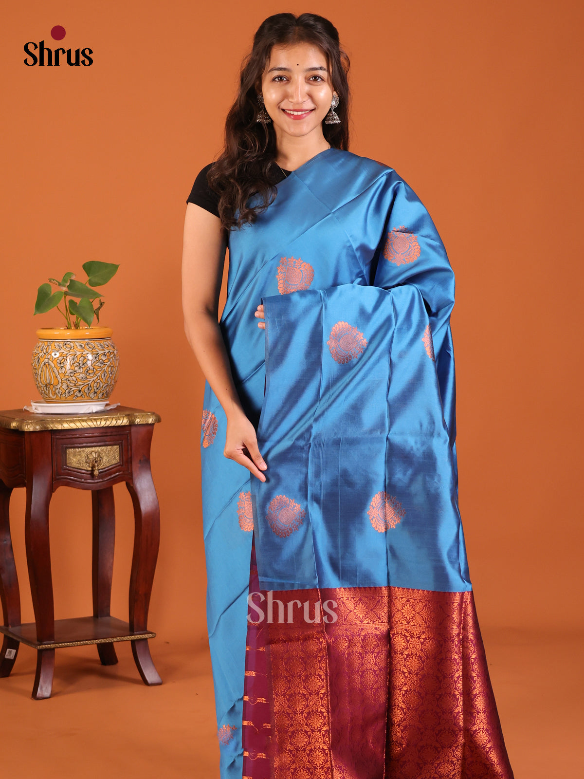 Blue with Maroon - Semi Softsilk Saree - Shop on Shrus.com