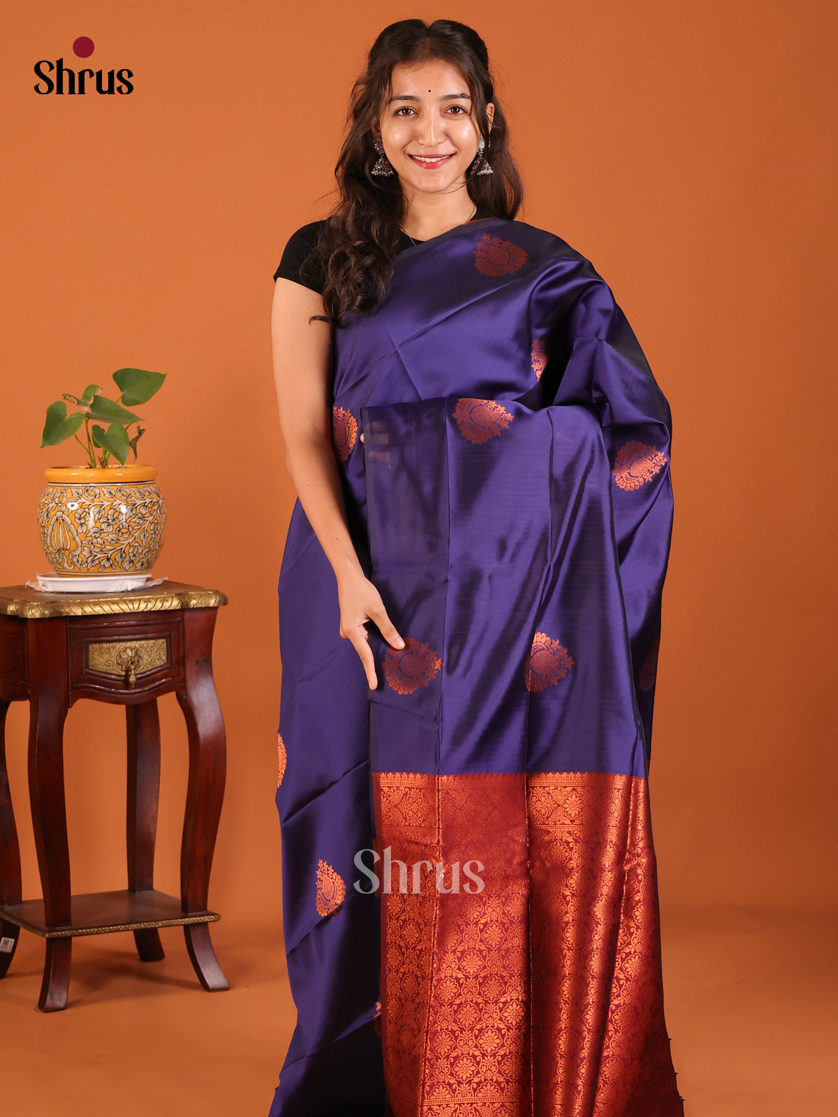 Blue with Maroon - Semisoft silk Saree - Shop on Shrus.com