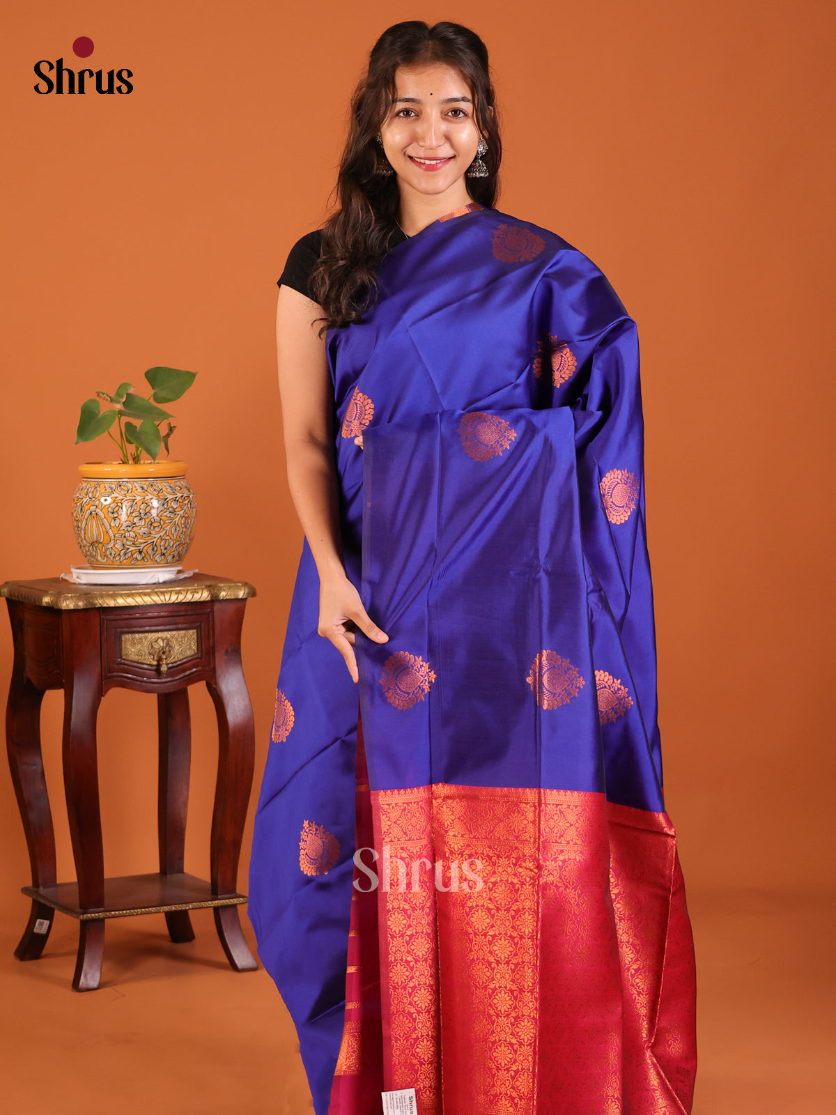 Blue with Maroon - Semisoft silk Saree - Shop on Shrus.com