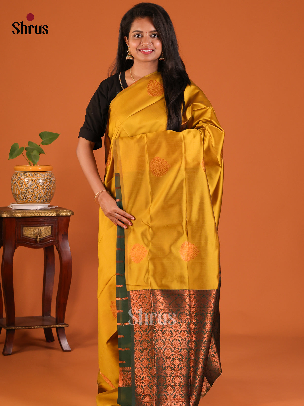 Mustardy Green with Green - Semisoft silk Saree - Shop on Shrus.com
