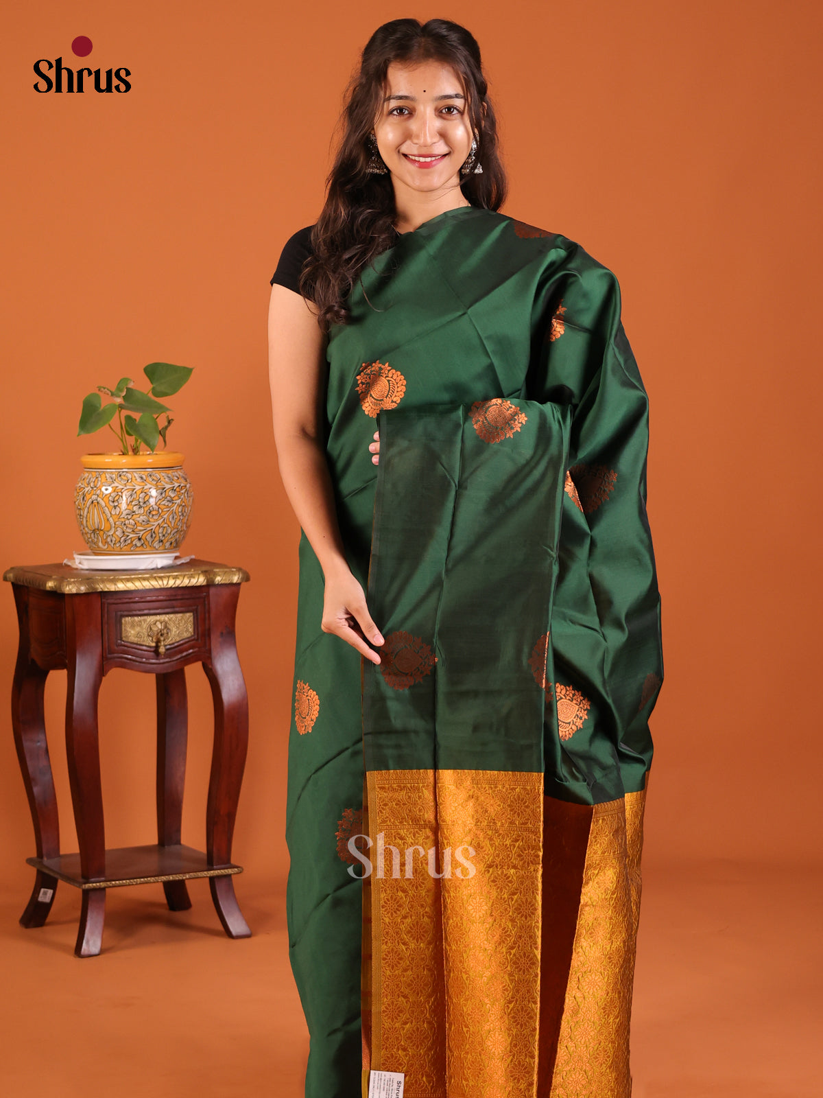 Bottle Green with Mustardy Green - Semisoft silk Saree - Shop on Shrus.com