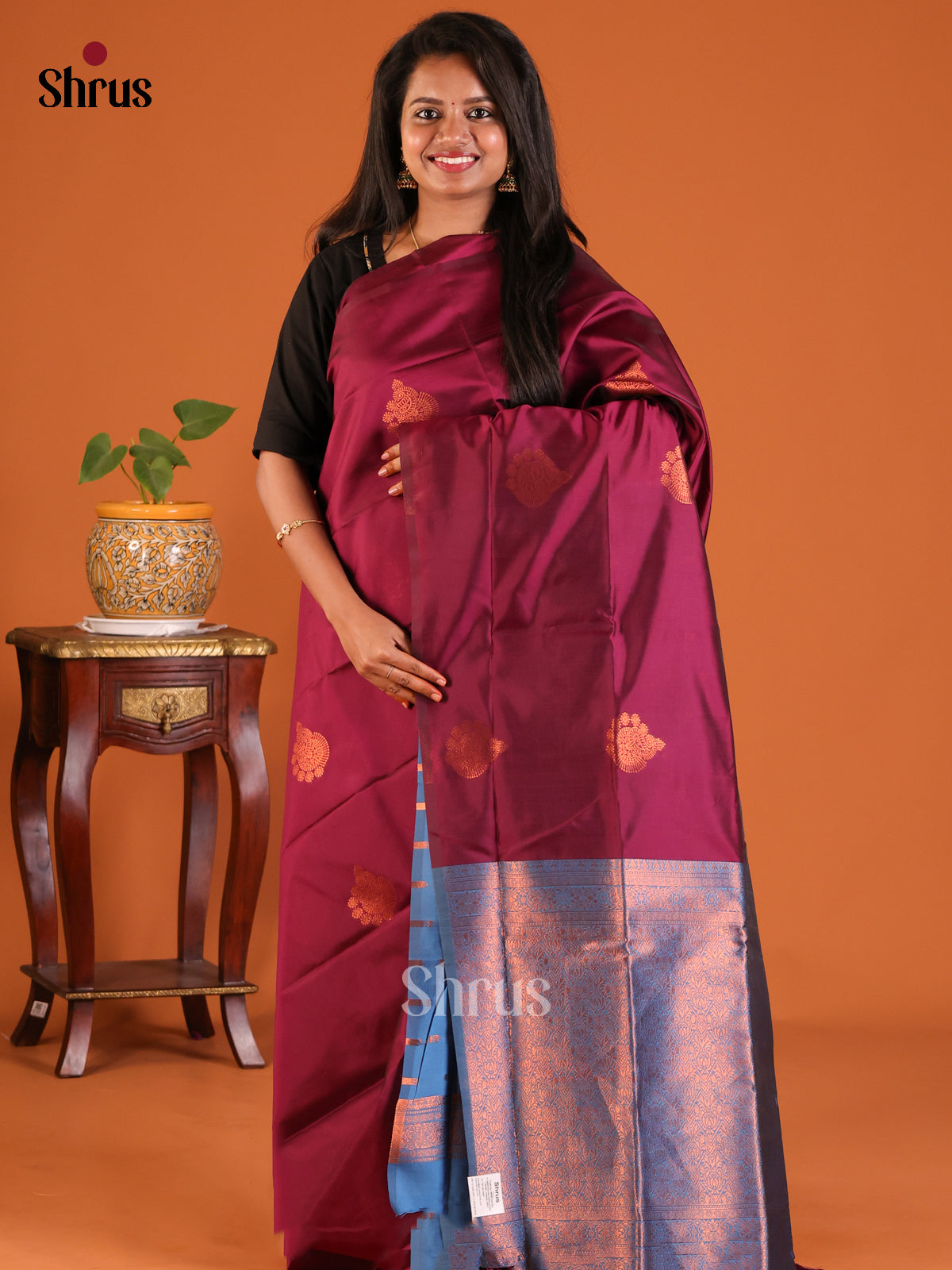 Wine with Blue - Semisoft silk Saree - Shop on Shrus.com
