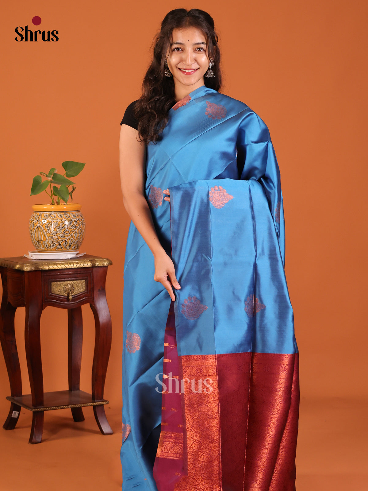 Blue with Purple - Semisoft silk Saree - Shop on Shrus.com