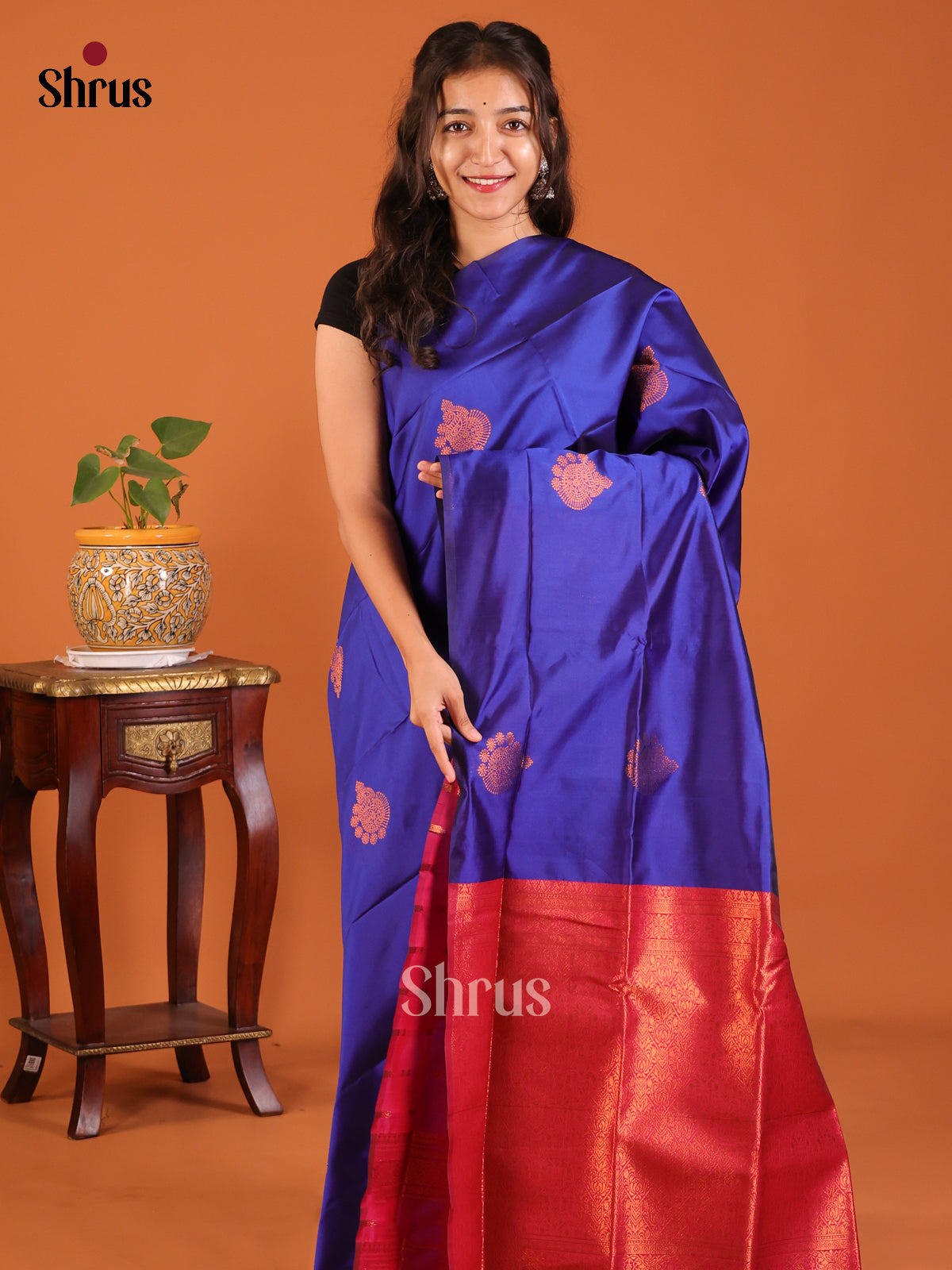 Blue with Maroon - Semisoft silk Saree - Shop on Shrus.com