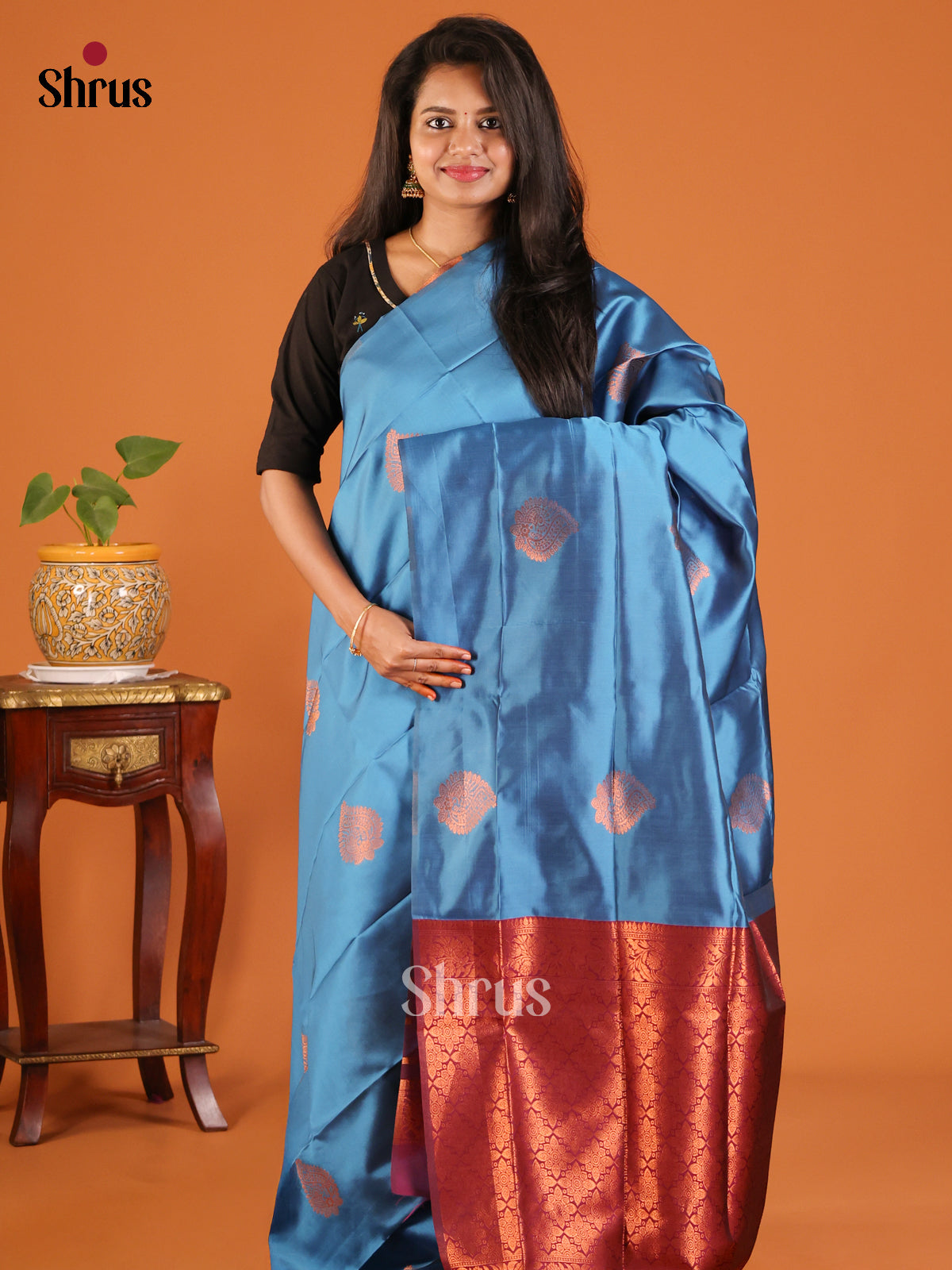 Blue with Maroon - Semisoft silk Saree - Shop on Shrus.com