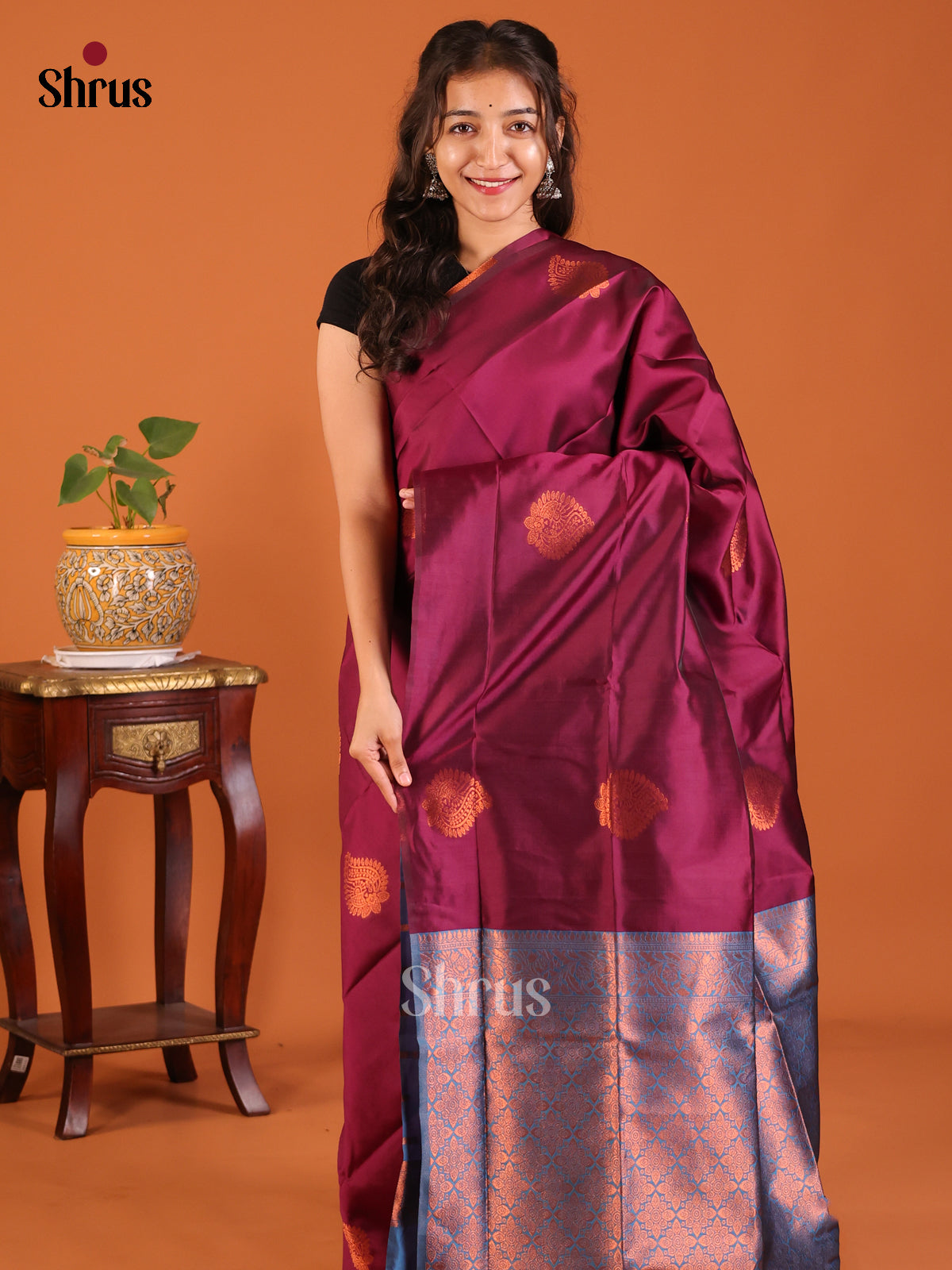 Chic & Elegant Maroon Semisoft silk Saree with floral motifs , Blue Zari brocade Pallu - Shop on Shrus.com