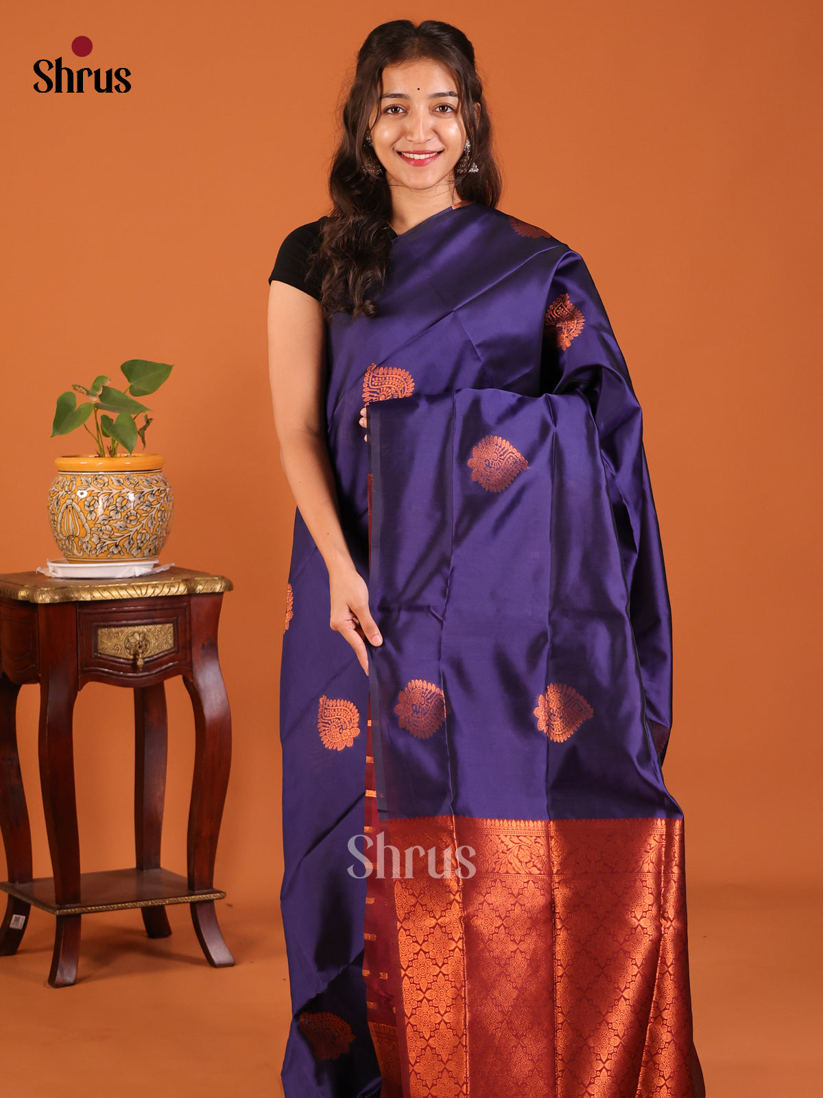Stunning Blue Semisoft silk Saree with zari floral motifs , contrast Maroon floral butta brocade - Shop on Shrus.com
