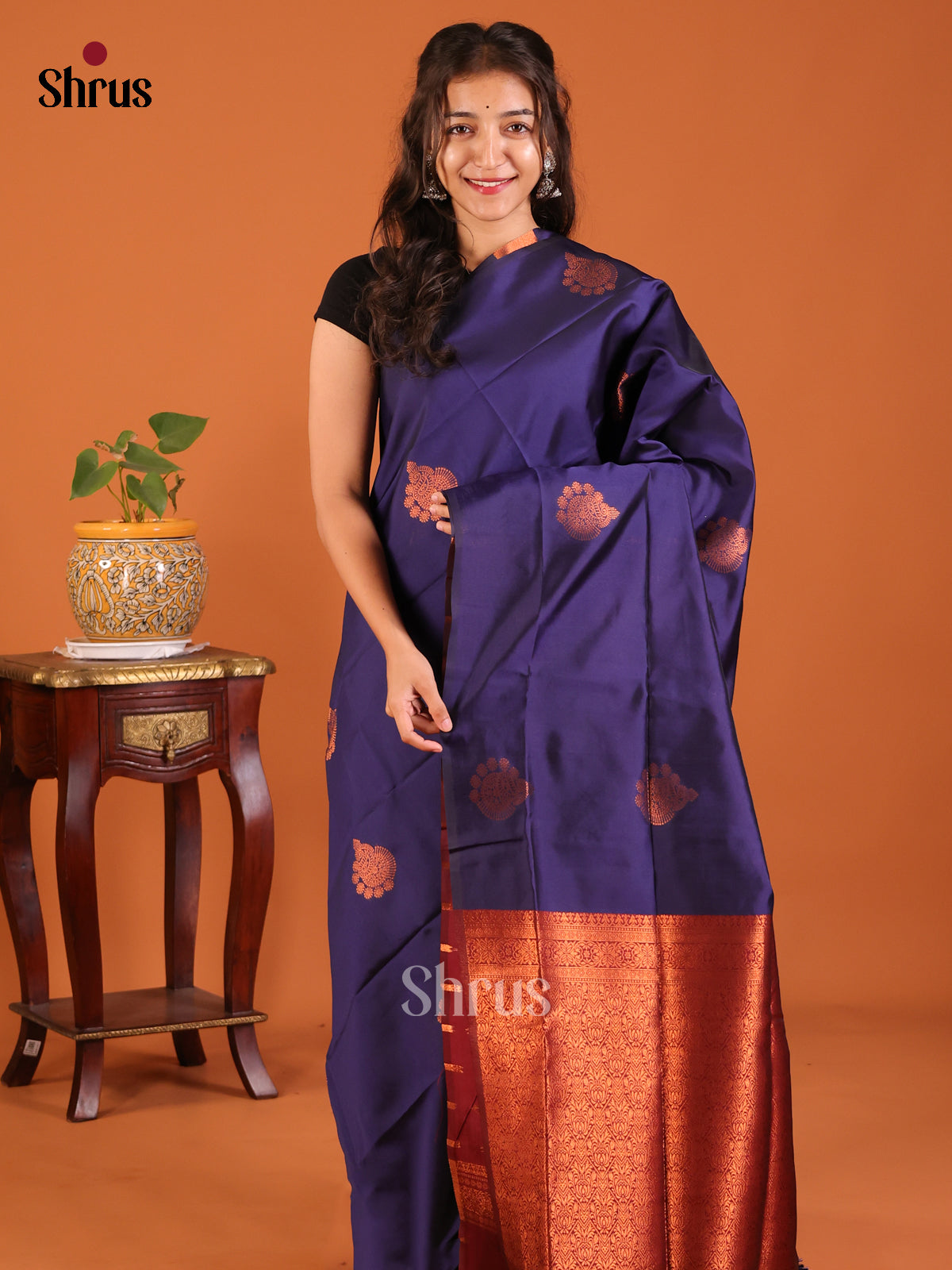 Vibrant Blue Semisoft silk Saree zari floral motifs, contrast Maroon zari brocade pallu - Shop on Shrus.com