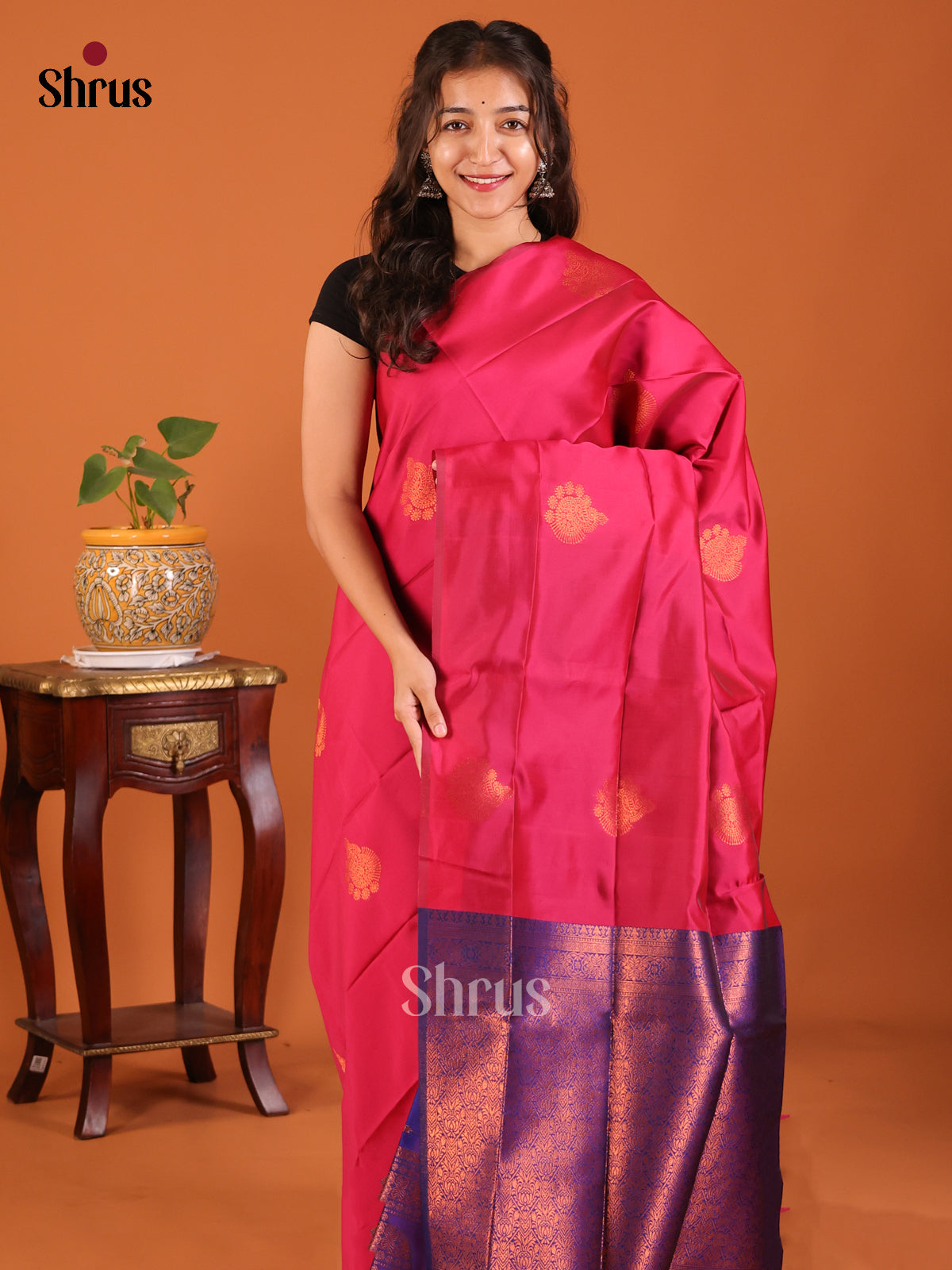 Beautiful Pink Semisoft silk Saree with zari woven motifs , contrast blue brocade pallu - Shop on Shrus.com