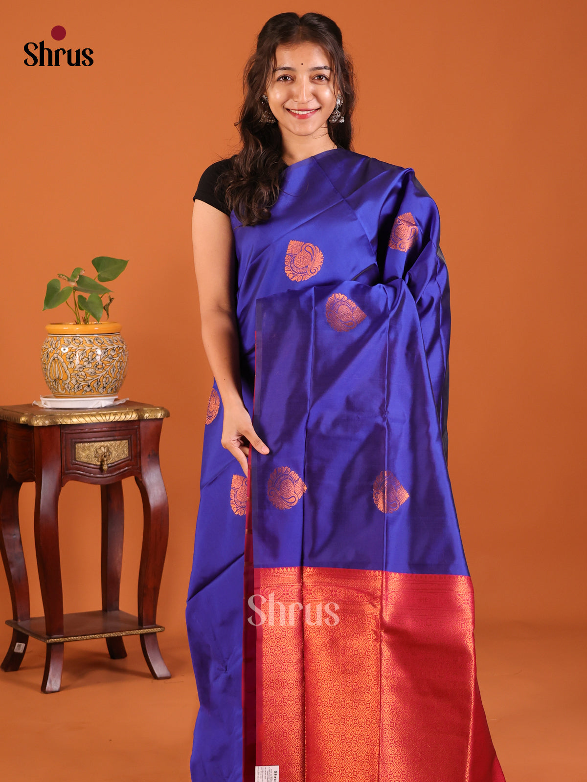 Beautiful Blue Semisoft silk Saree with zari woven floral drop motifs, zari butta contrast blouse - Shop on Shrus.com