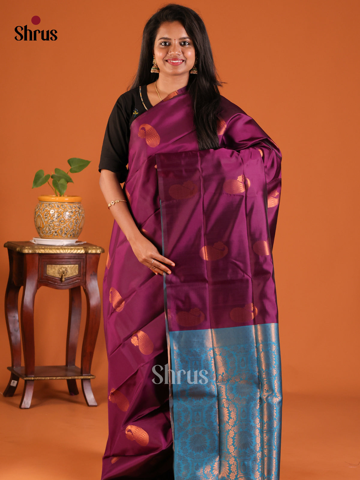 Purple with Blue - Semisoft silk Saree - Shop on Shrus.com