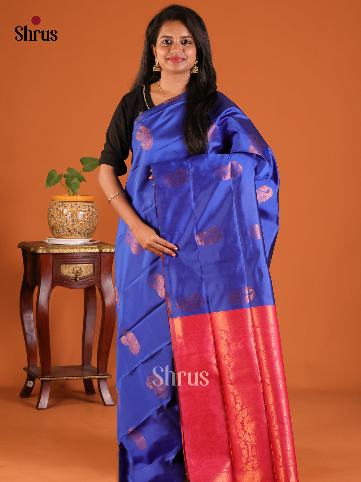 Blue with Maroon - Semisoft silk Saree - Shop on Shrus.com