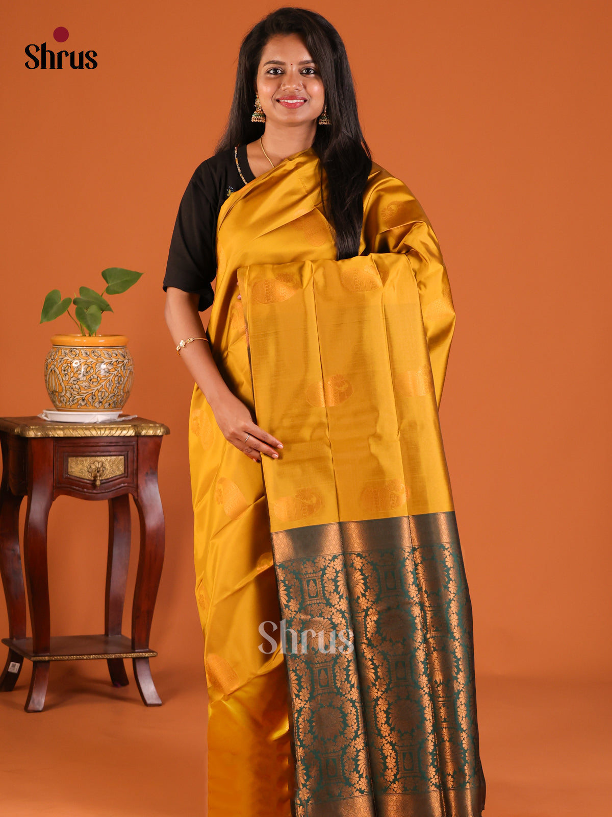 Mustardy Green with Green - Semisoft silk Saree - Shop on Shrus.com