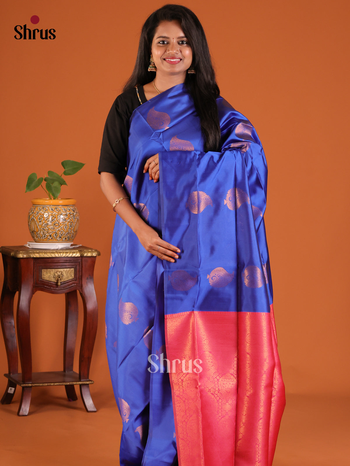 Blue with Pink - Semisoft silk Saree - Shop on Shrus.com