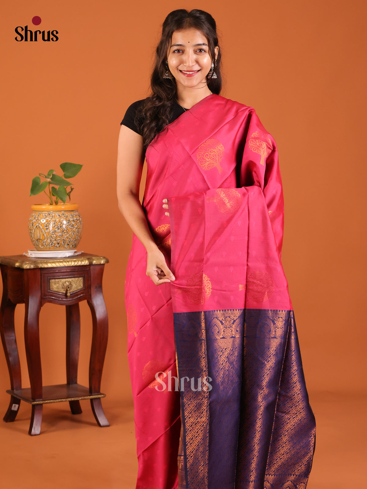 Beautifully Chic Pink Semisoft silk Saree with zari woven tree motifs , blue brocade blouse, pallu - Shop on Shrus.com