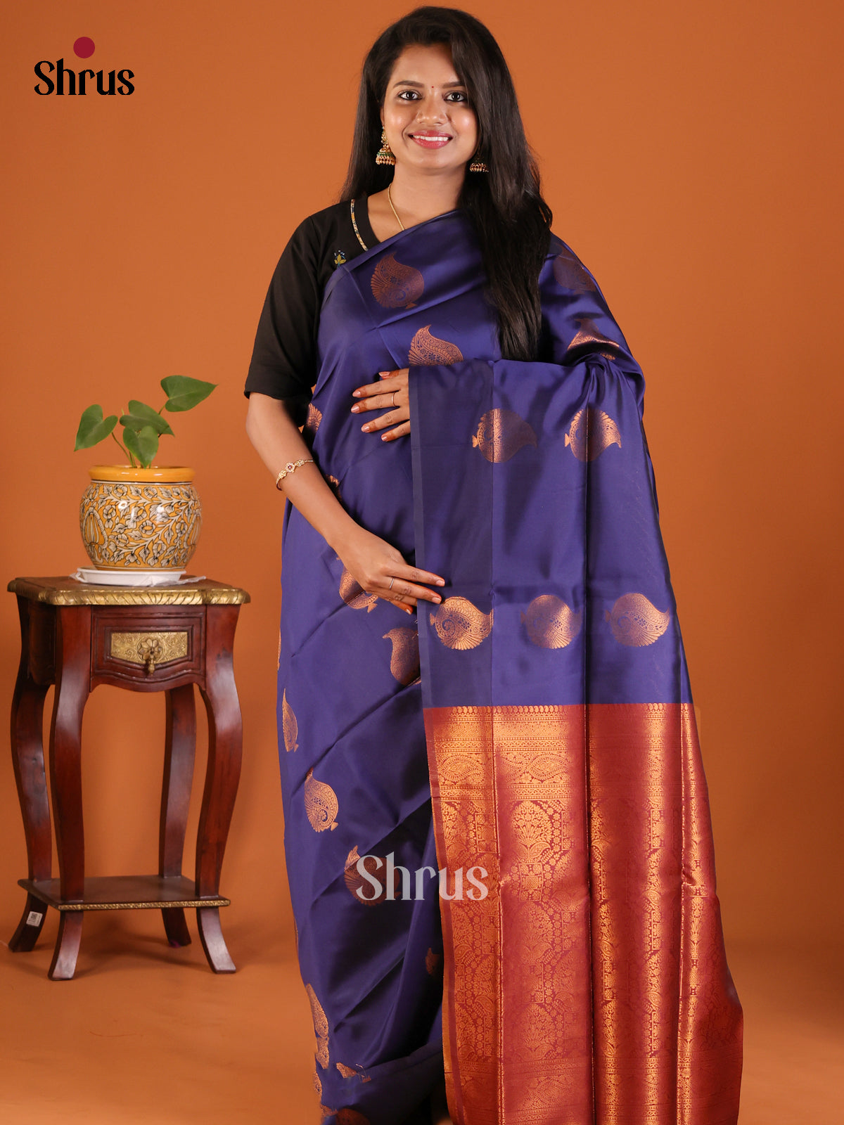 Blue with Maroon - Semisoft silk Saree - Shop on Shrus.com