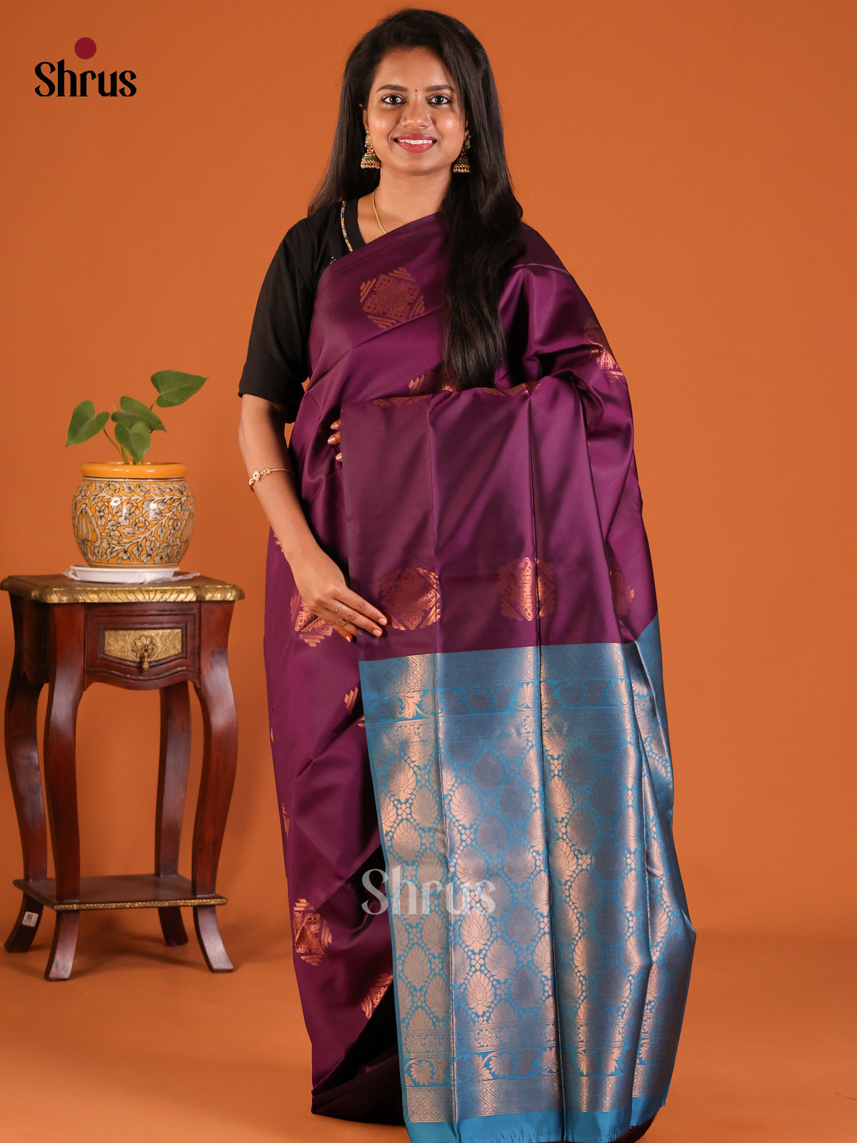 Purple & Blue- Semisoft silk Saree - Shop on Shrus.com