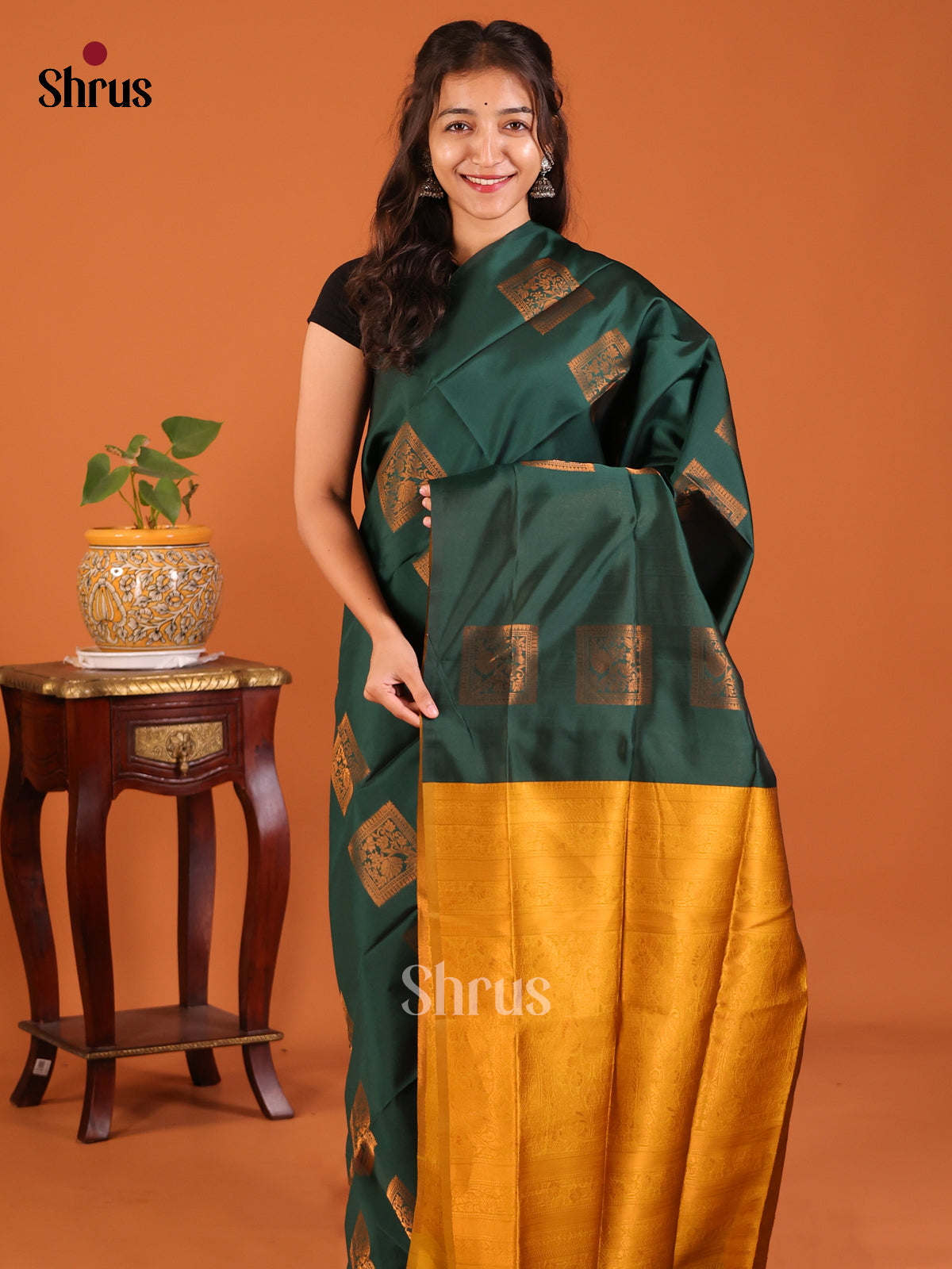 Exquisite Bottle Green Semisoft silk Saree with zari woven block motifs on the body - Shop on Shrus.com