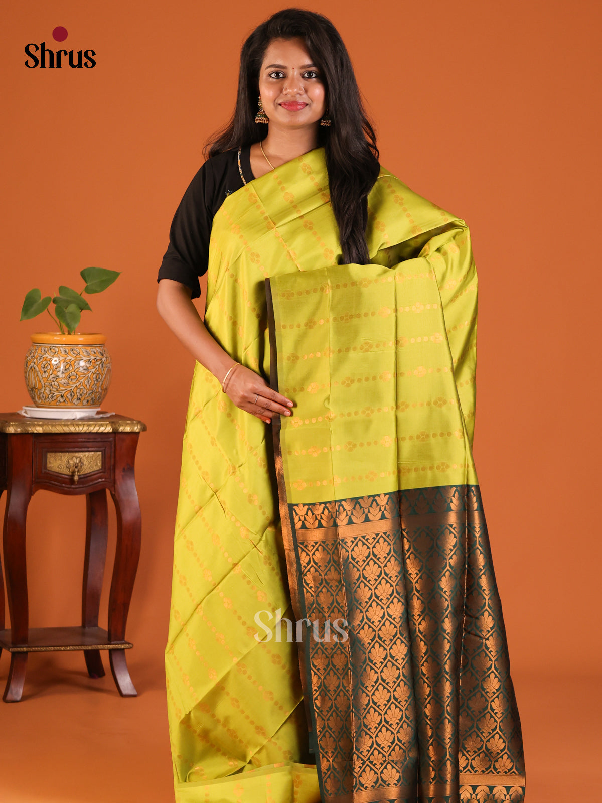 Lime Green with Green - Semisoft silk Saree - Shop on Shrus.com