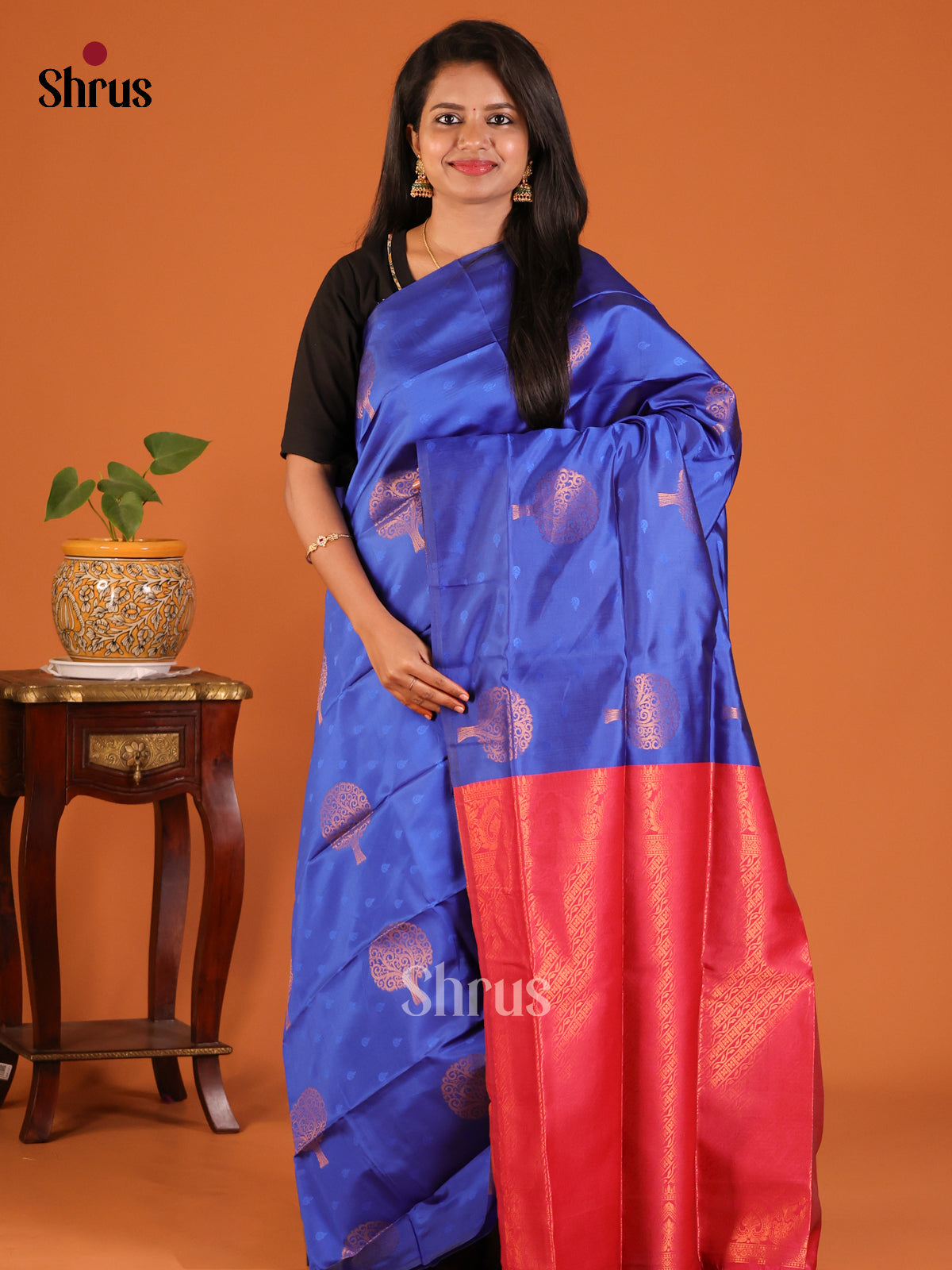 Blue with Maroon - Semisoft silk Saree - Shop on Shrus.com