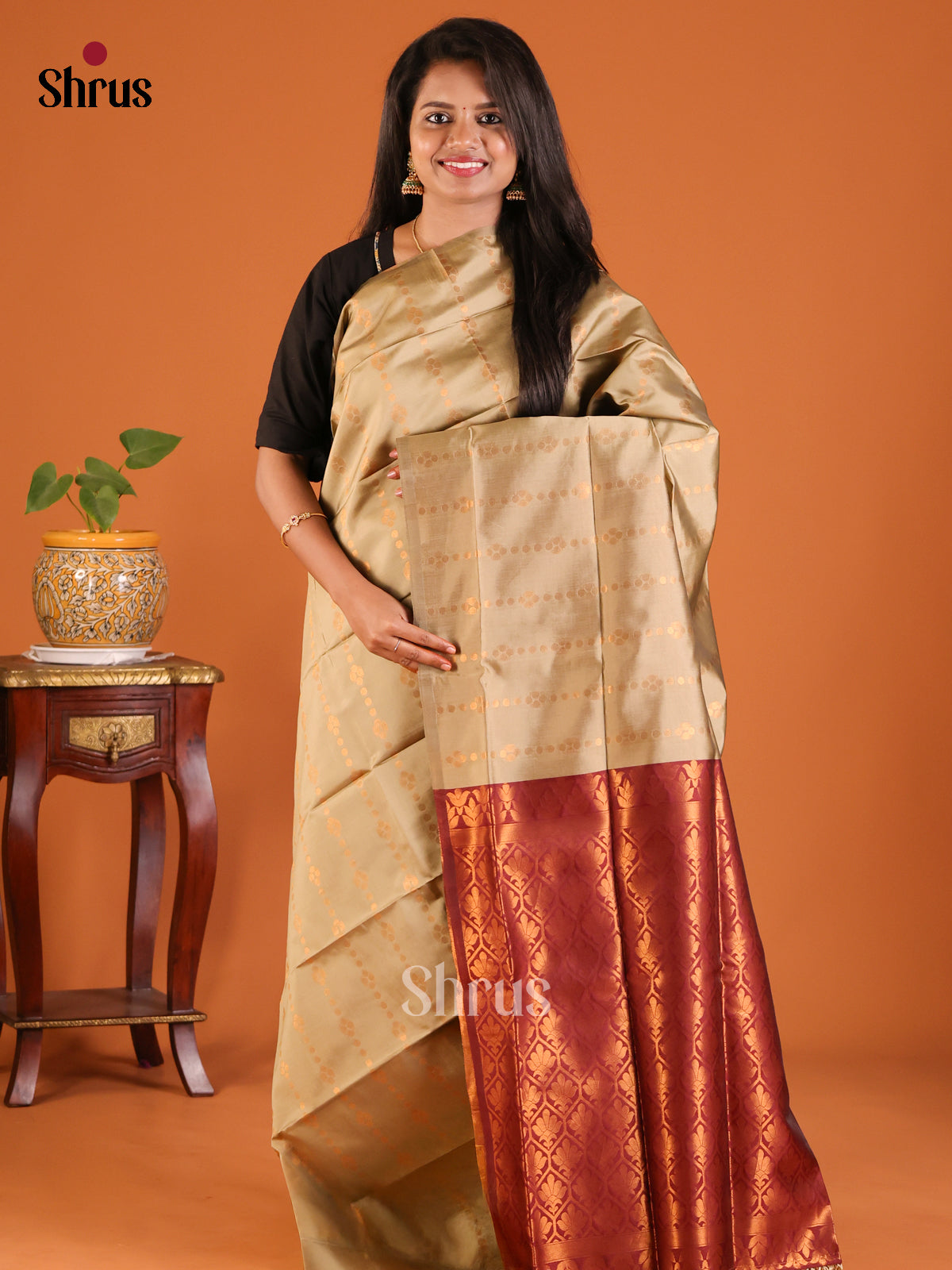 Dull Gold with Maroon - Semisoft silk Saree - Shop on Shrus.com