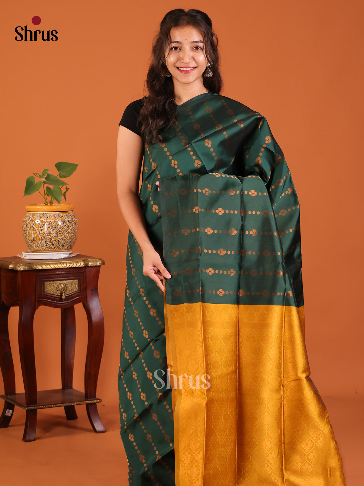 Classy Green zari stripes pattern Semisoft silk Saree with contrast Mustard brocade blouse - Shop on Shrus.com