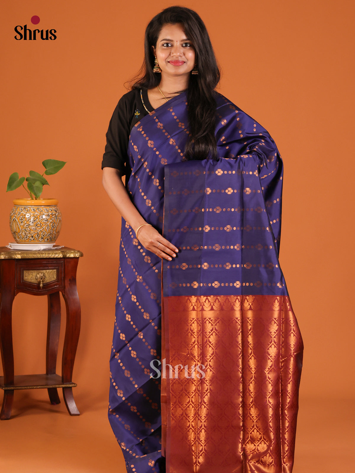 Blue with Maroon - Semisoft silk Saree - Shop on Shrus.com