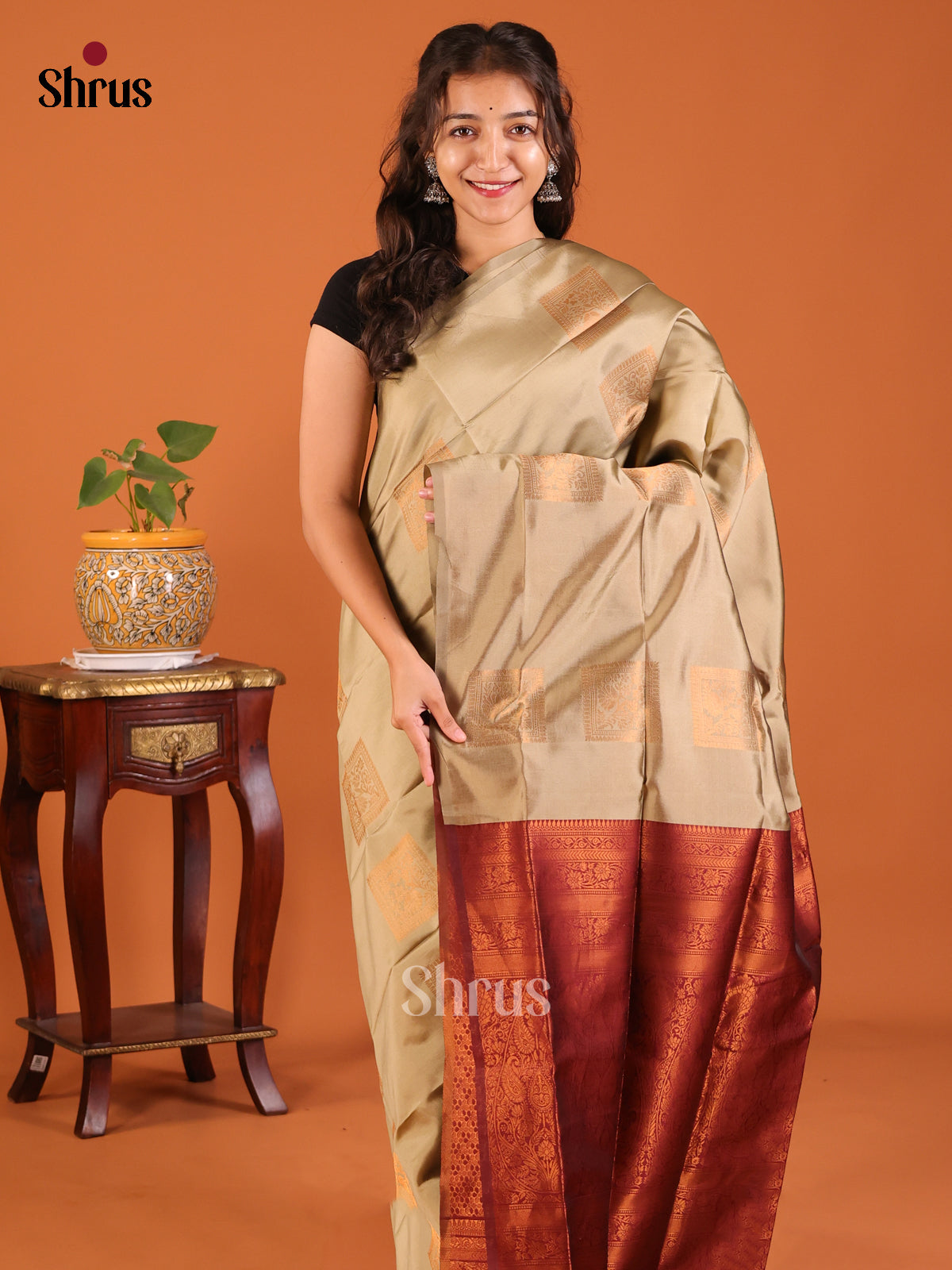 Dull Gold zari woven block motifs Semisoft silk Saree with contrast Maroon brocade pallu - Shop on Shrus.com