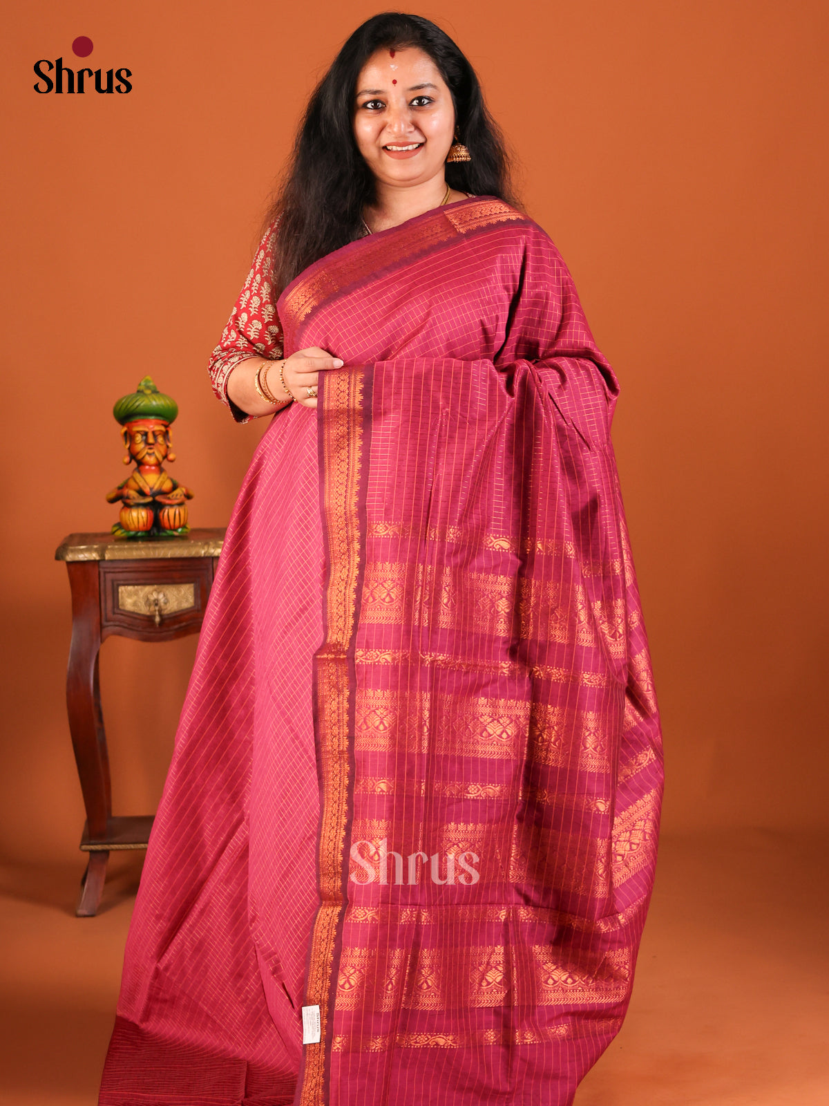 Classy Maroon Kalyani Cotton Saree with Zari Woven Checks, Border & Pallu - Shop on Shrus.com