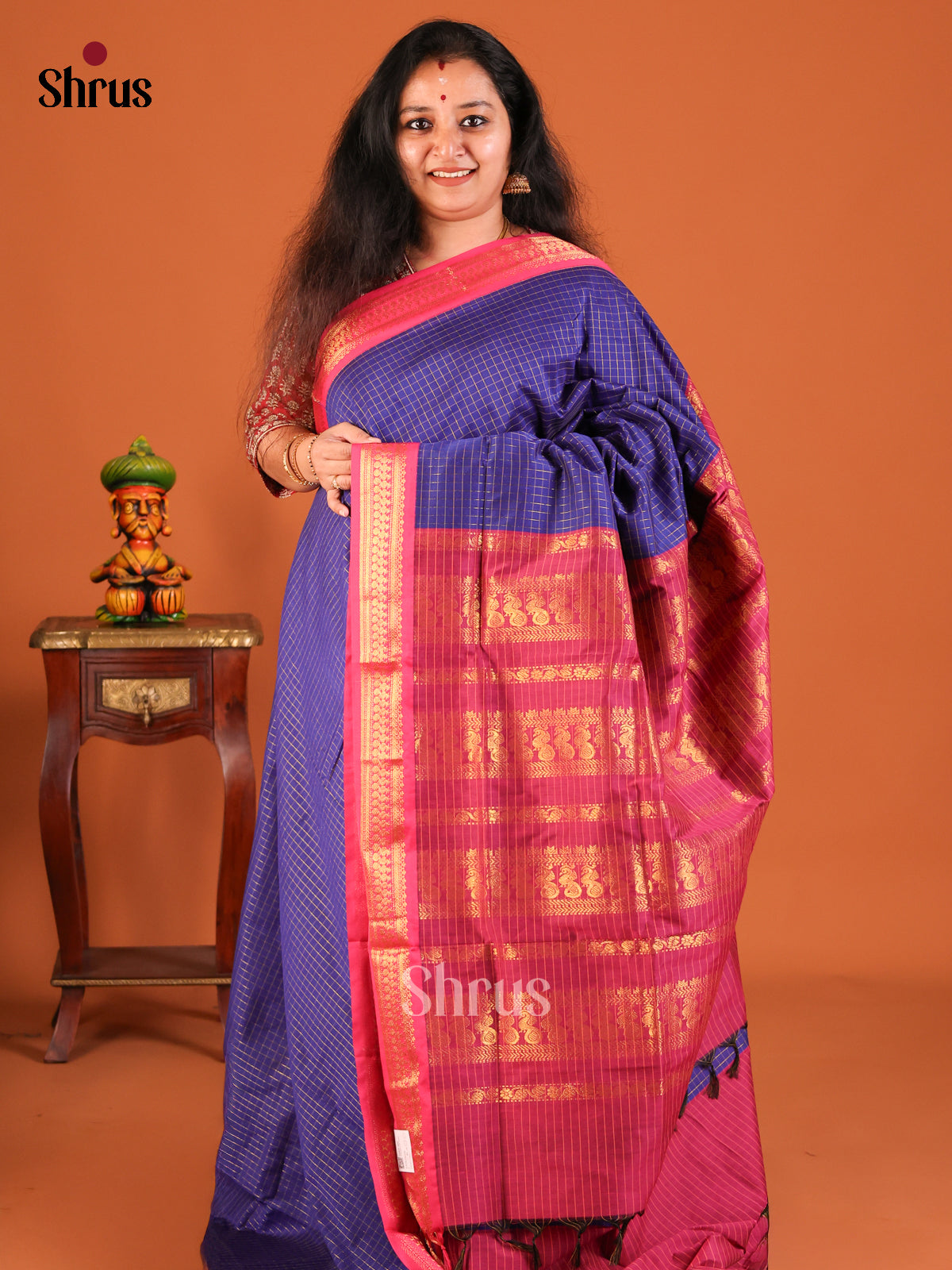 Blue with Maroon - Kalyani Cotton Saree - Shop on Shrus.com