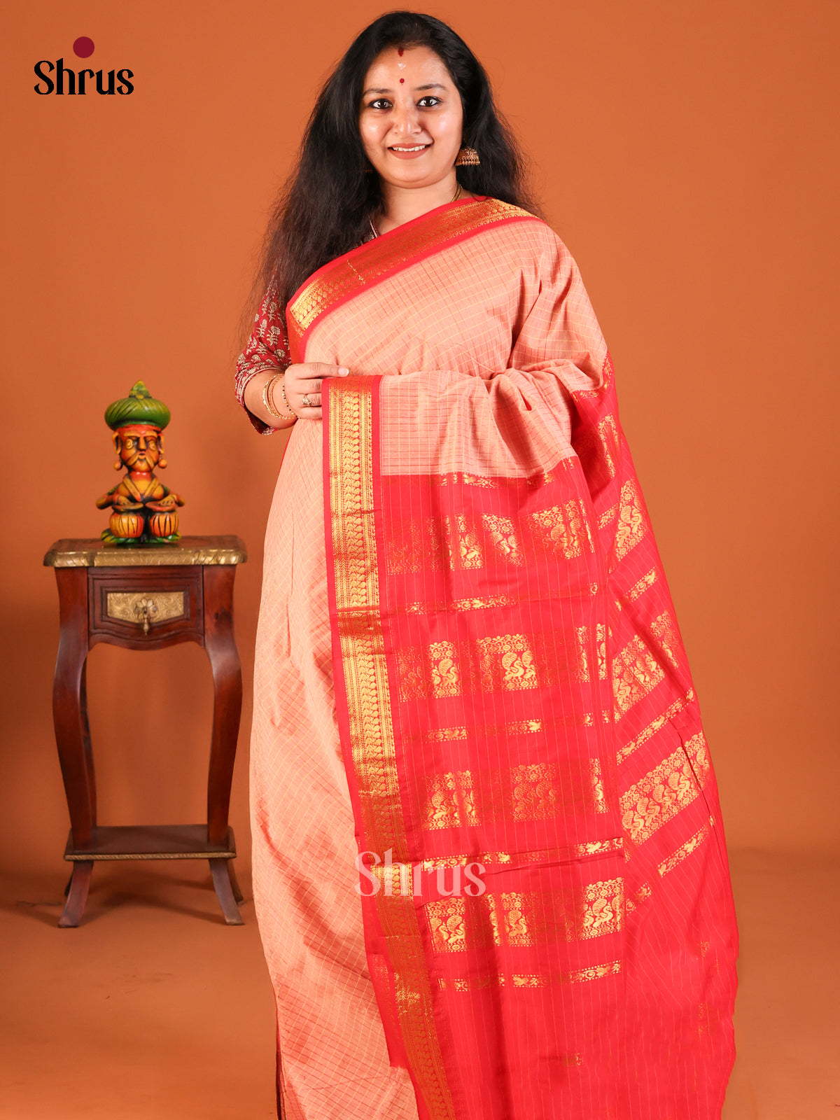 Elegant Peach Kalyani Cotton Saree with Red Zari Border & Pallu, Zari Checks Design - Shop on Shrus.com