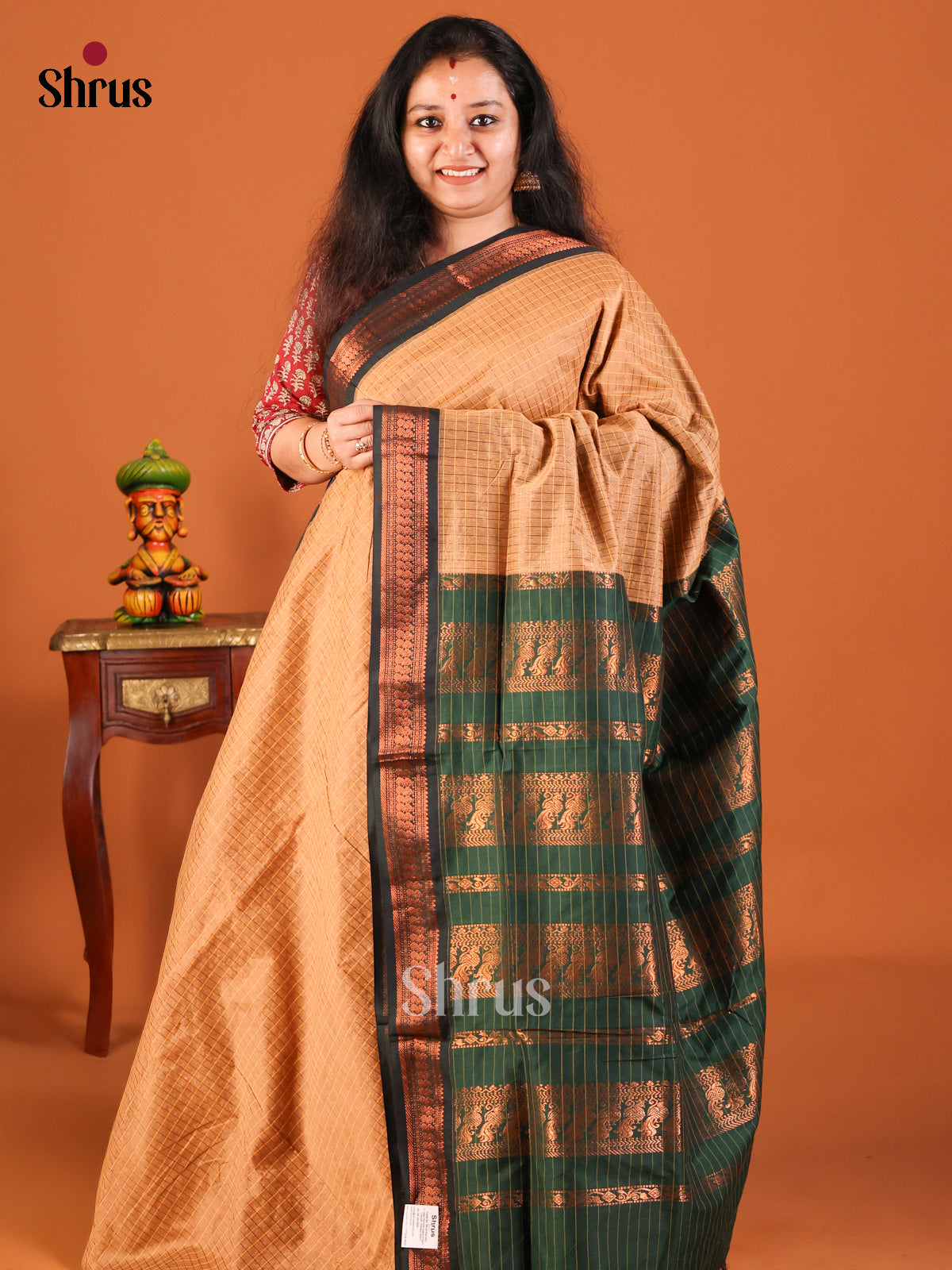 Peach with Green - Kalyani Cotton Saree - Shop on Shrus.com