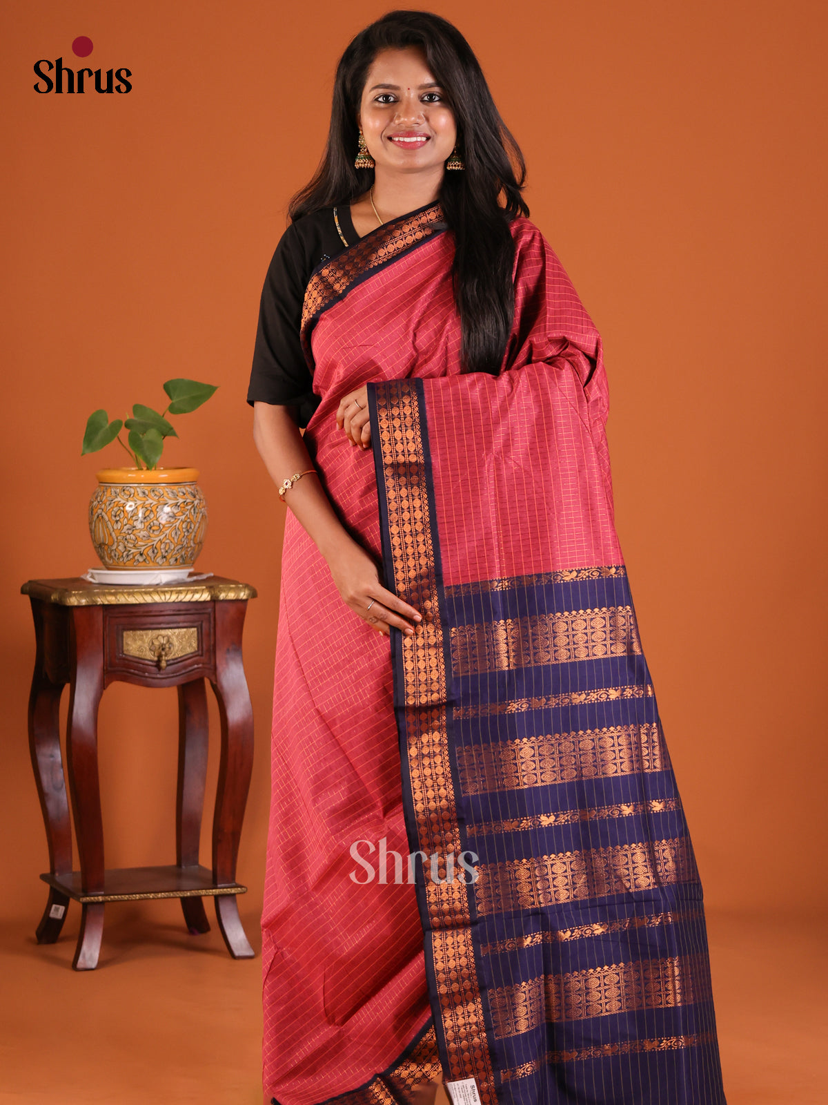 Reddish Pink & Blue - Kalyani Cotton Saree - Shop on Shrus.com