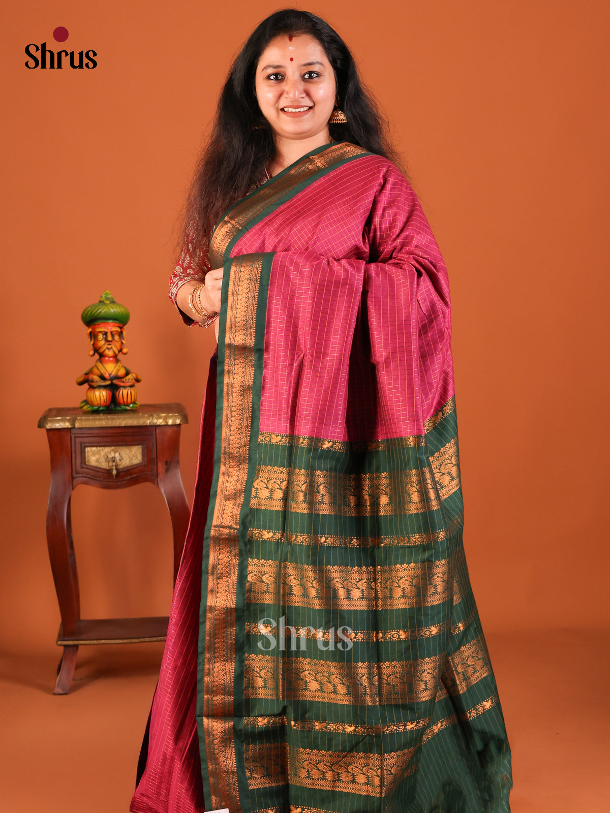 Exquisite Maroon Kalyani Cotton Saree with Zari Checks, Green Zari Pallu & Border - Shop on Shrus.com