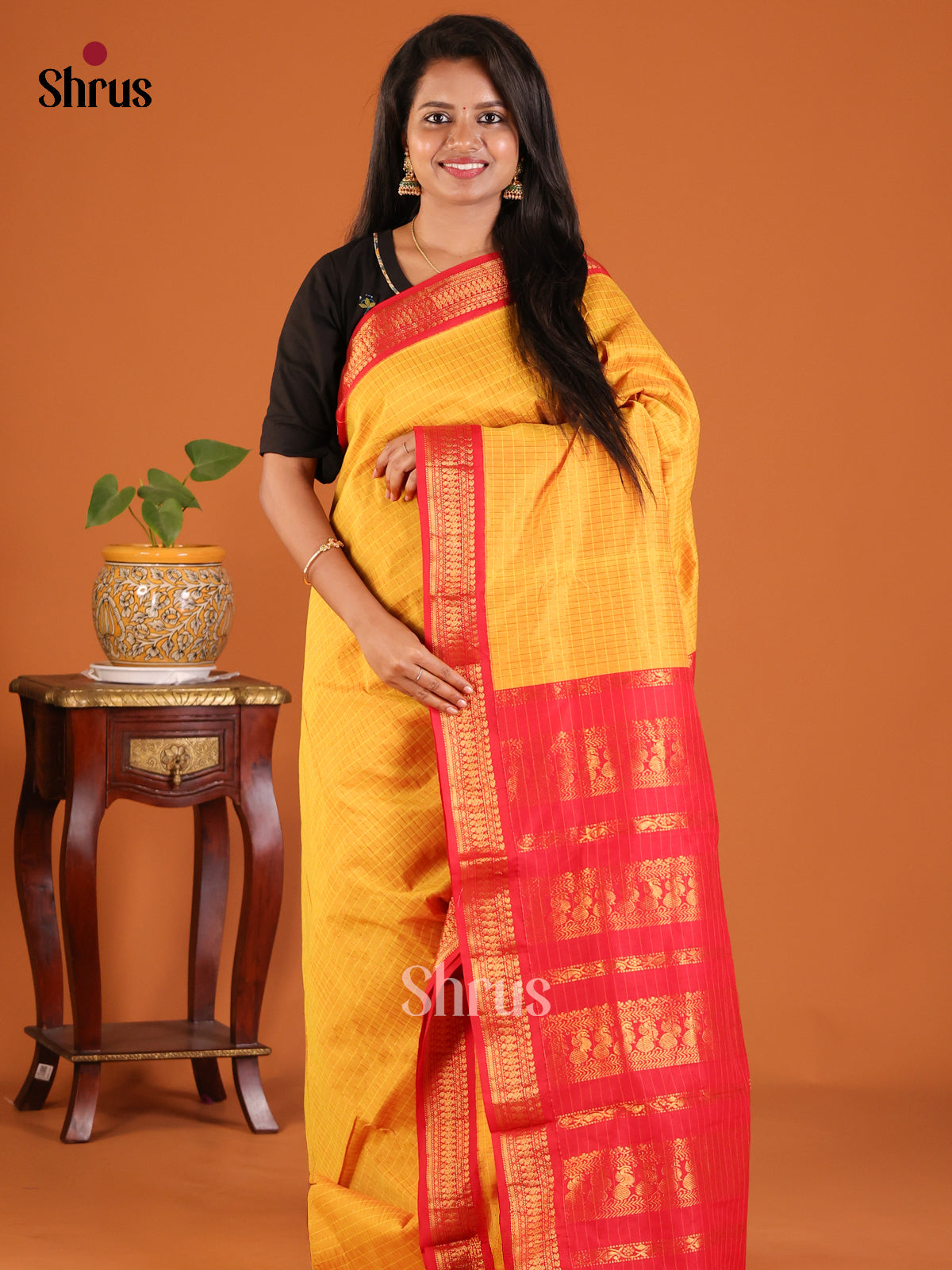 Mustard with Red - Kalyani Cotton Saree - Shop on Shrus.com