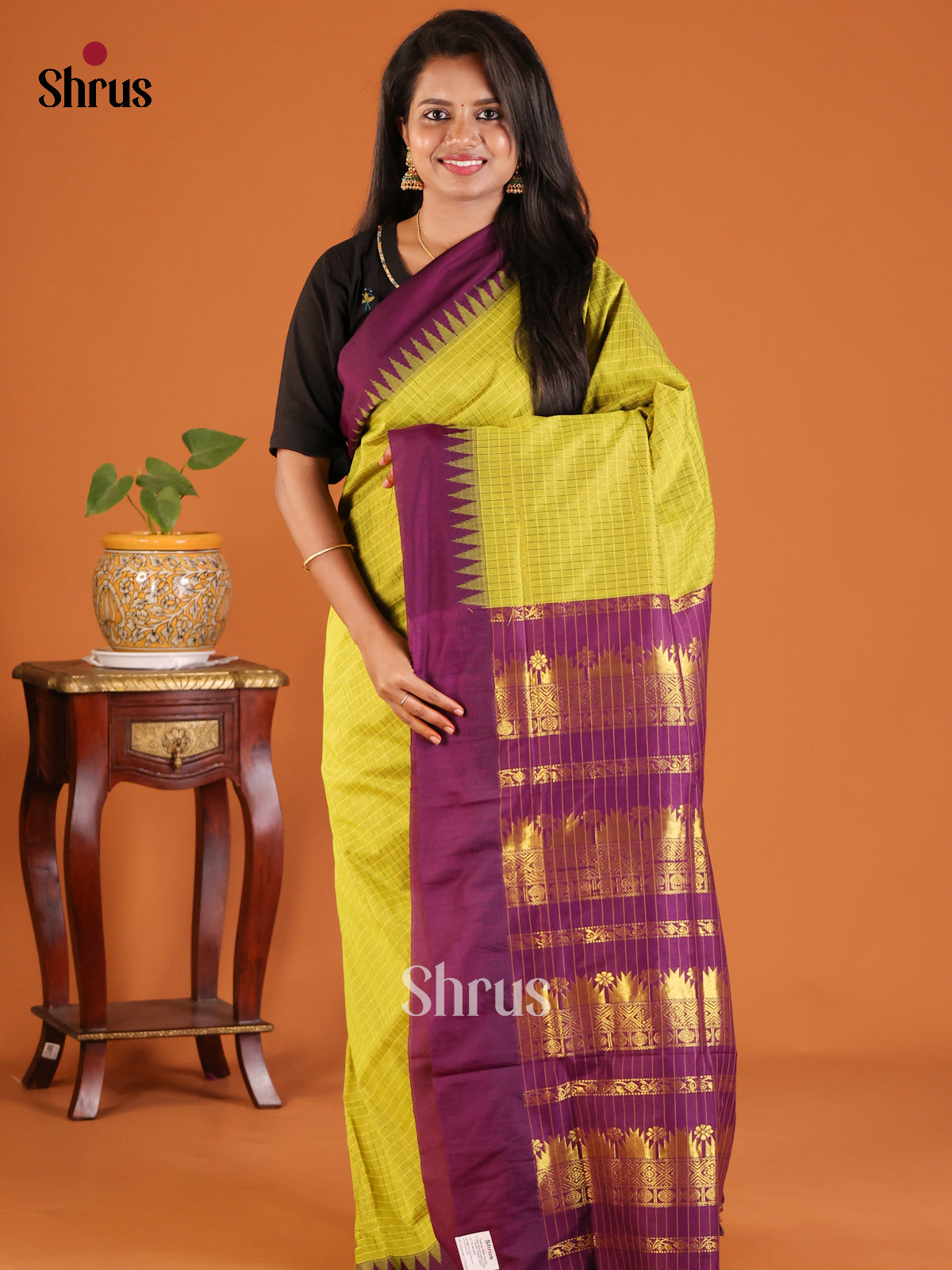 Lite Green with Violet - Kalyani Cotton Saree - Shop on Shrus.com